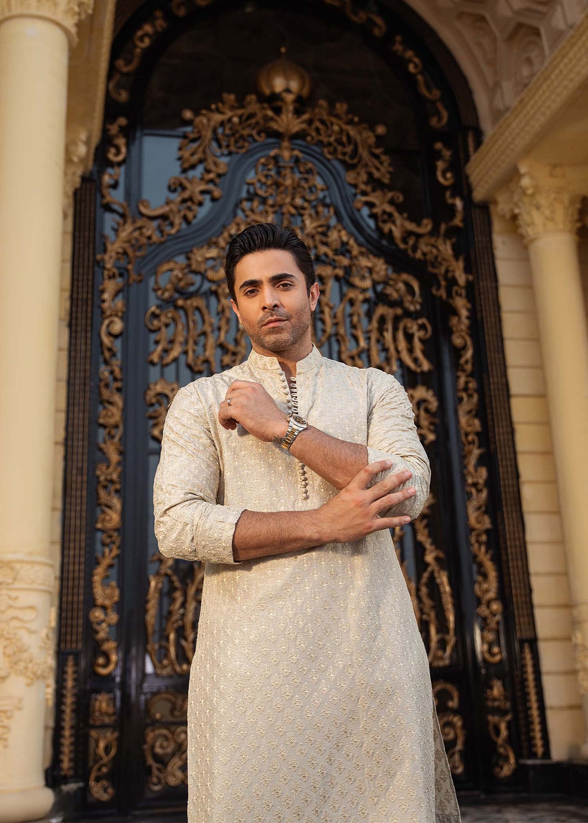 Izaar beige gold kurta detail - Kanwal Malik menswear