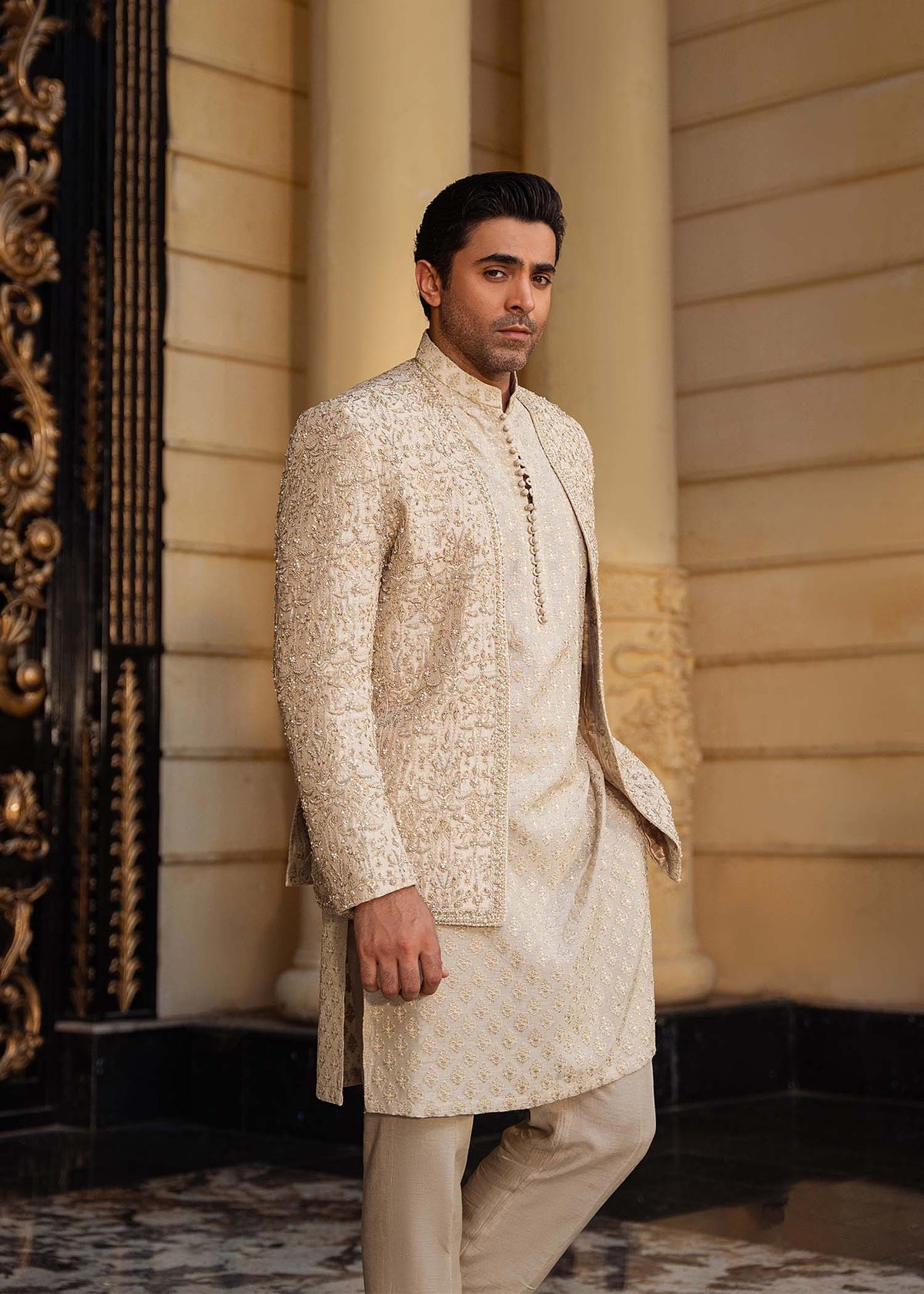 Izaar beige gold styled look - Kanwal Malik menswear