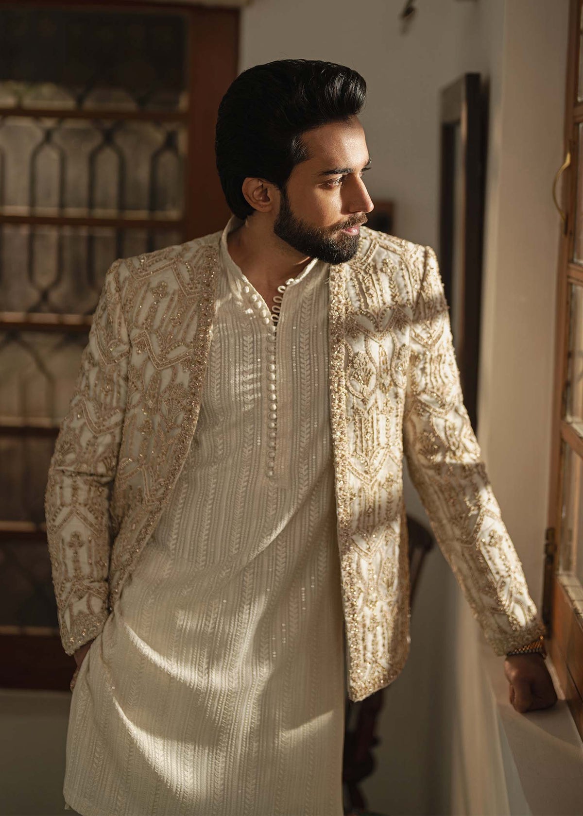Jamal off white back view - Kanwal Malik menswear