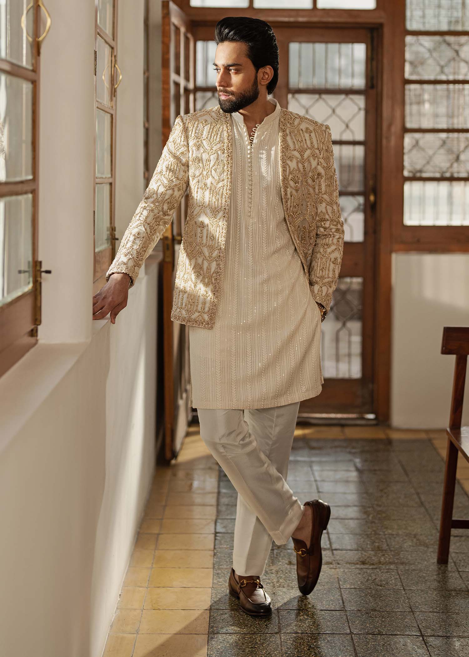 Jamal off white embellished jacket front view - Kanwal Malik menswear