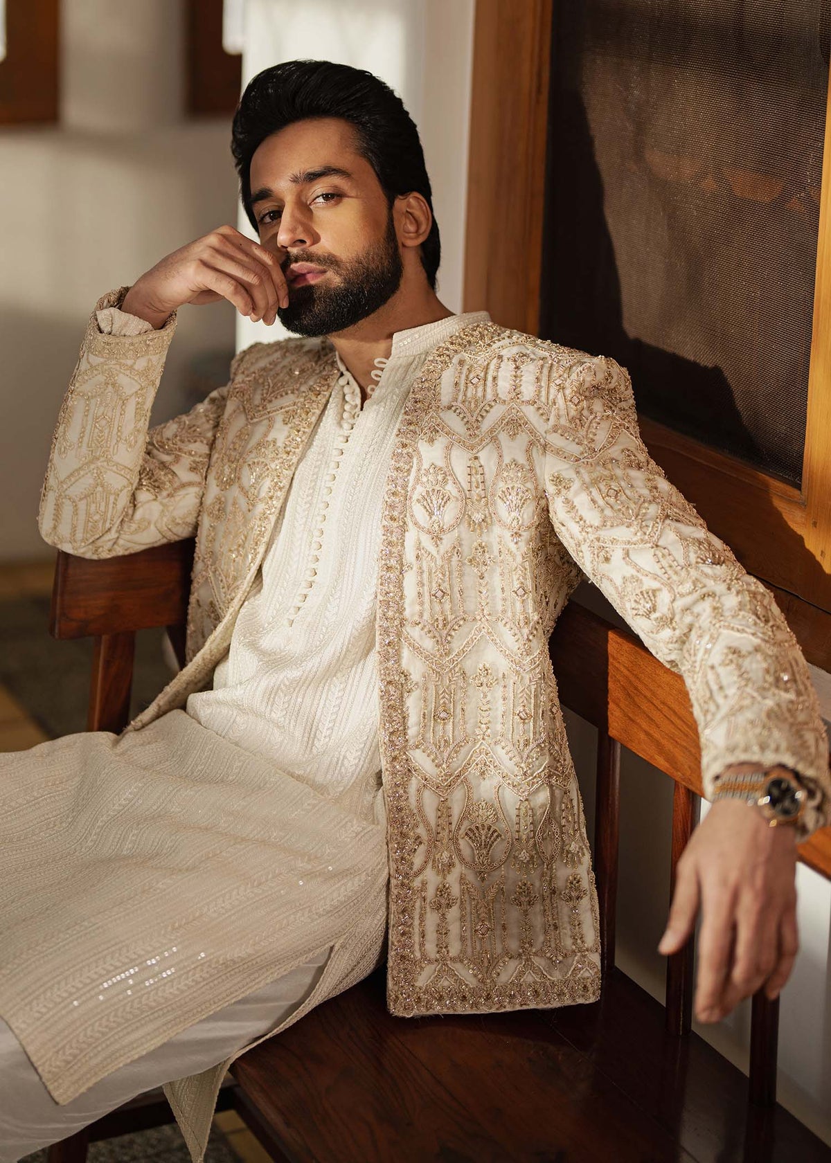 Jamal off white embroidered kurta detail - Kanwal Malik menswear