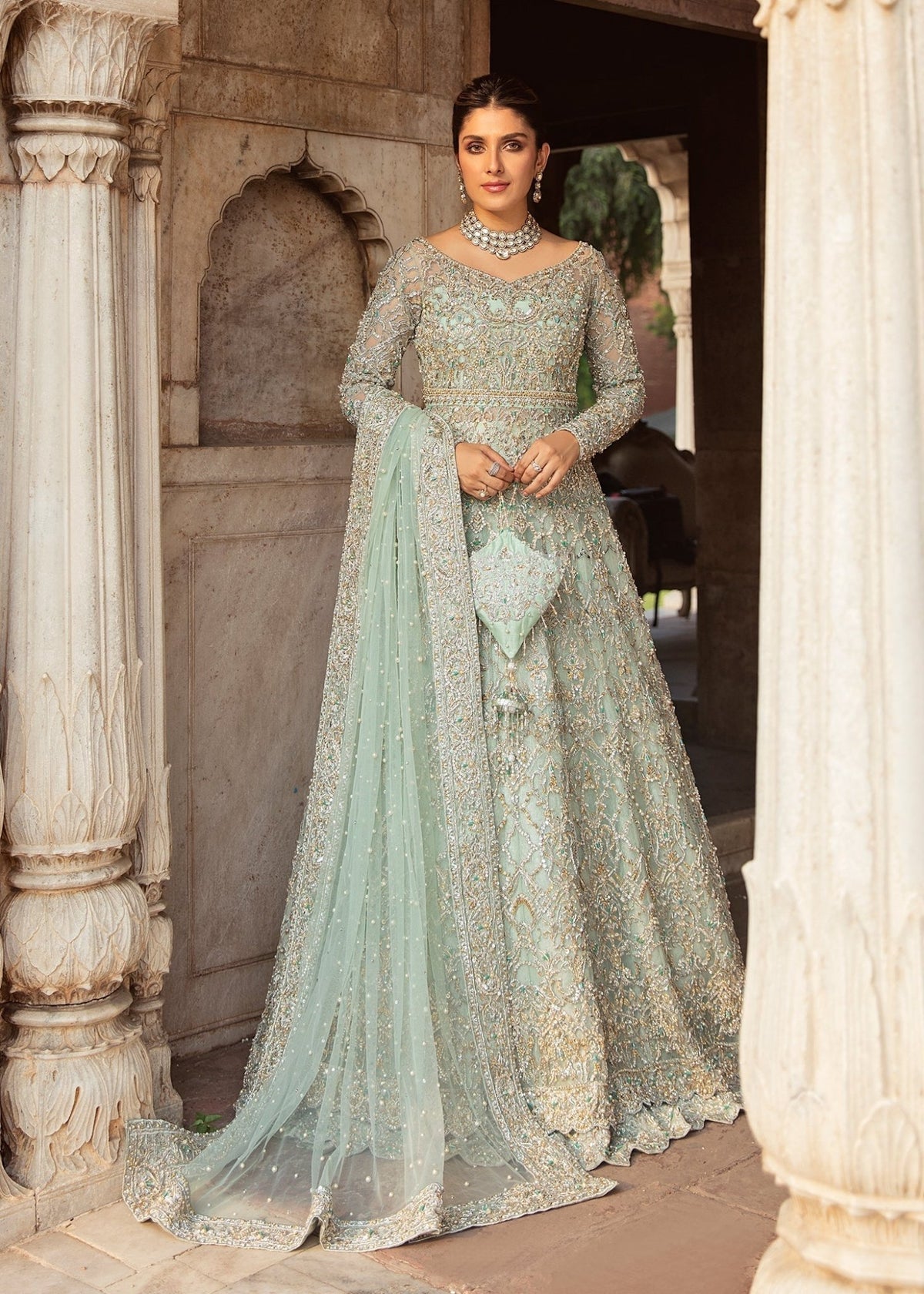 Jenan mint bridal net gown front view - Kanwal Malik bridal couture