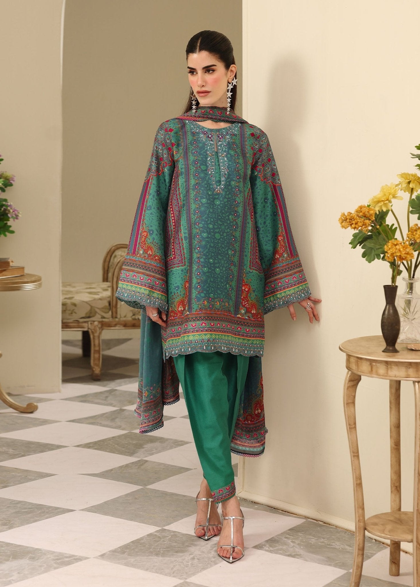 Jiana peacock green raw silk shirt front view - Kanwal Malik