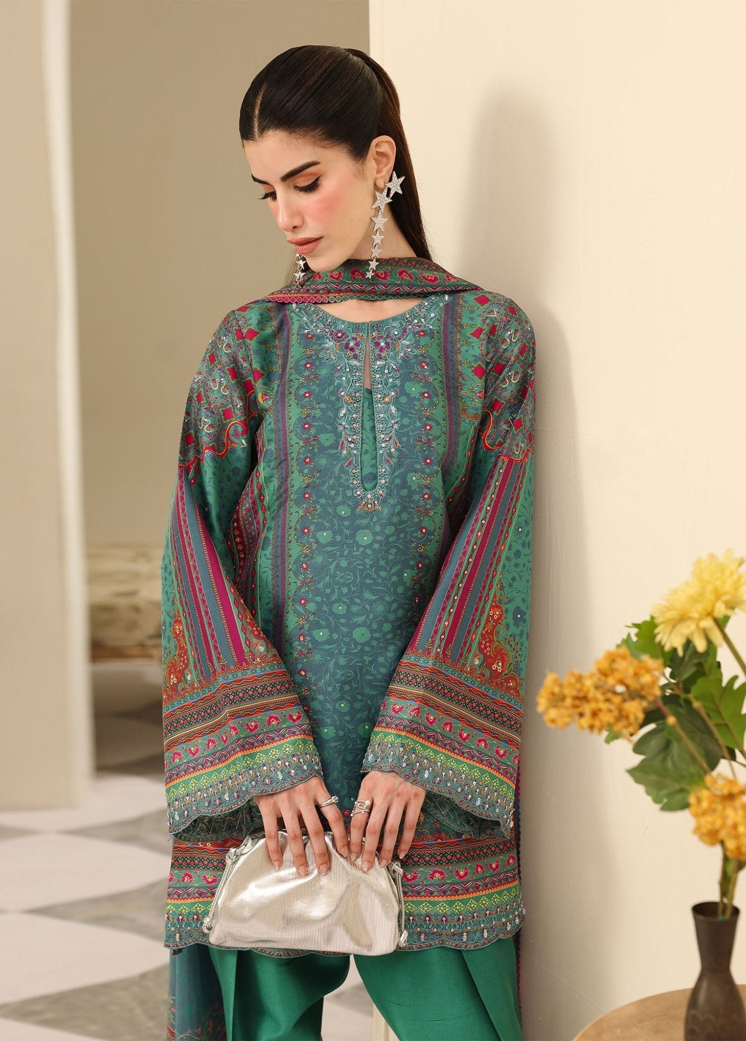 Jiana peacock green embroidered neckline detail - Kanwal Malik