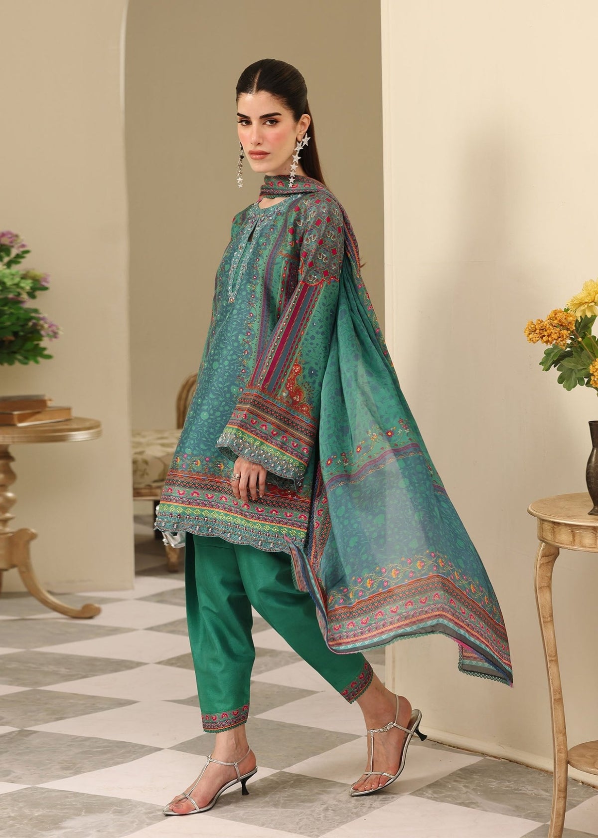 Jiana peacock green khari shalwar detail - Kanwal Malik