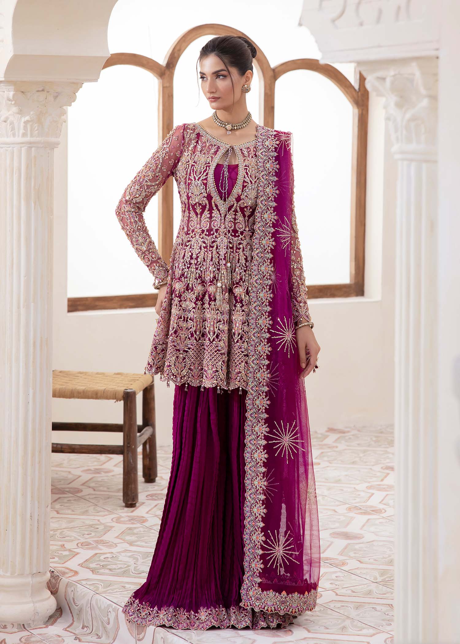 Kaira plum net peplum top front view - Kanwal Malik luxury pret