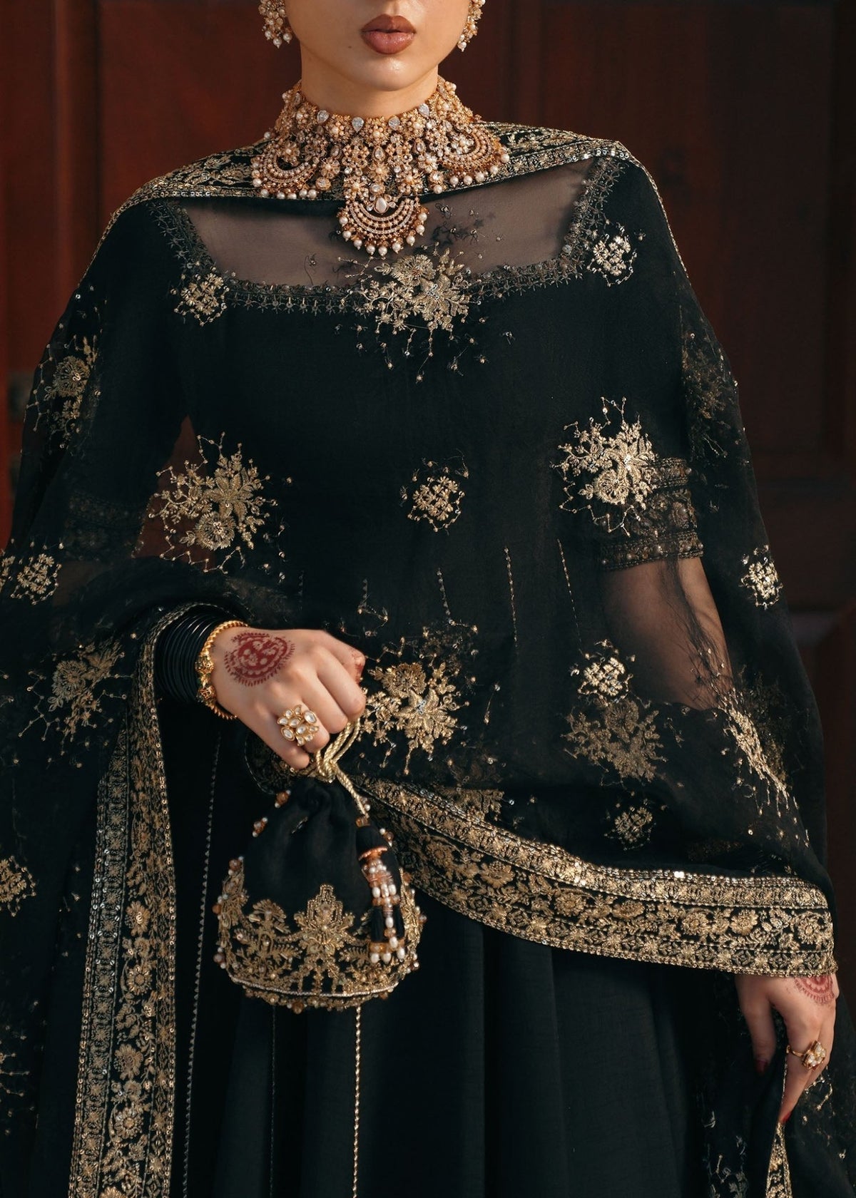 Kajal black gota lace embroidered neckline detail - Kanwal Malik