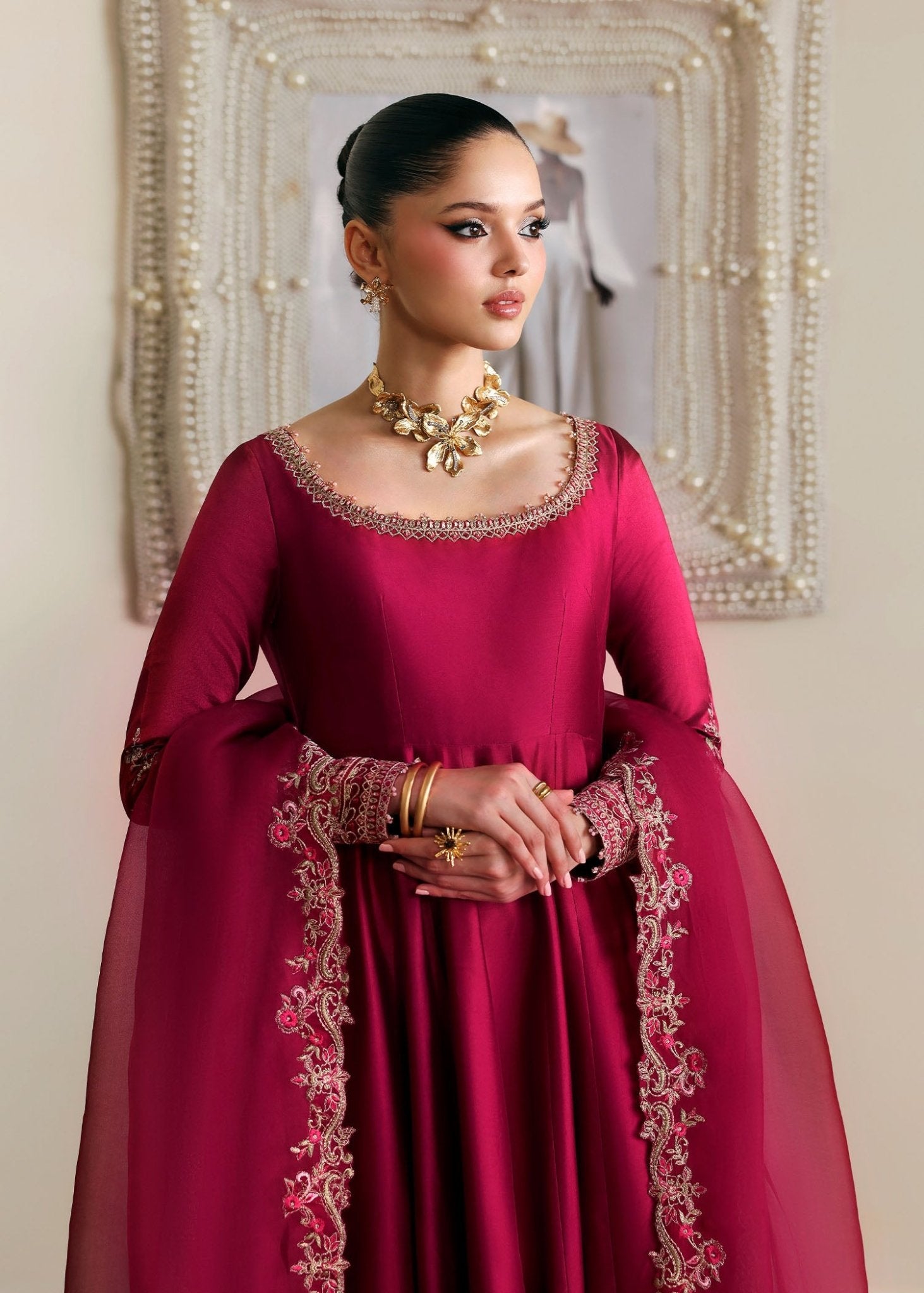 Kamira red high-style embroidery detail - Kanwal Malik