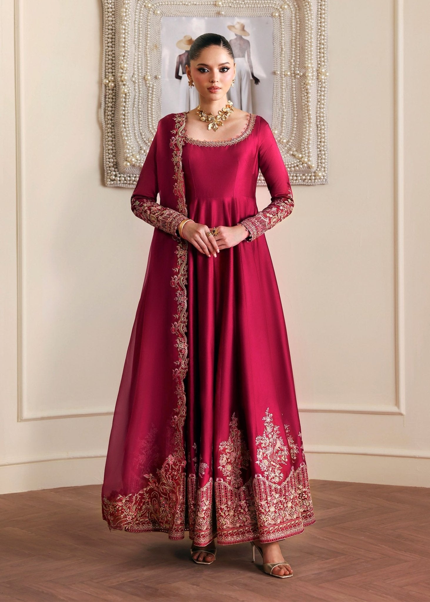 Kamira red tissue silk peshwas front view - Kanwal Malik