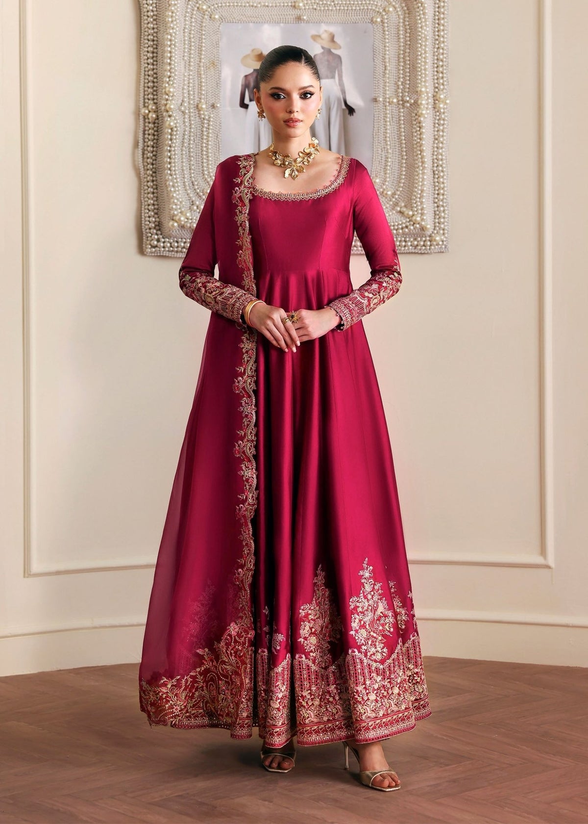 Kamira red tissue silk peshwas front view - Kanwal Malik