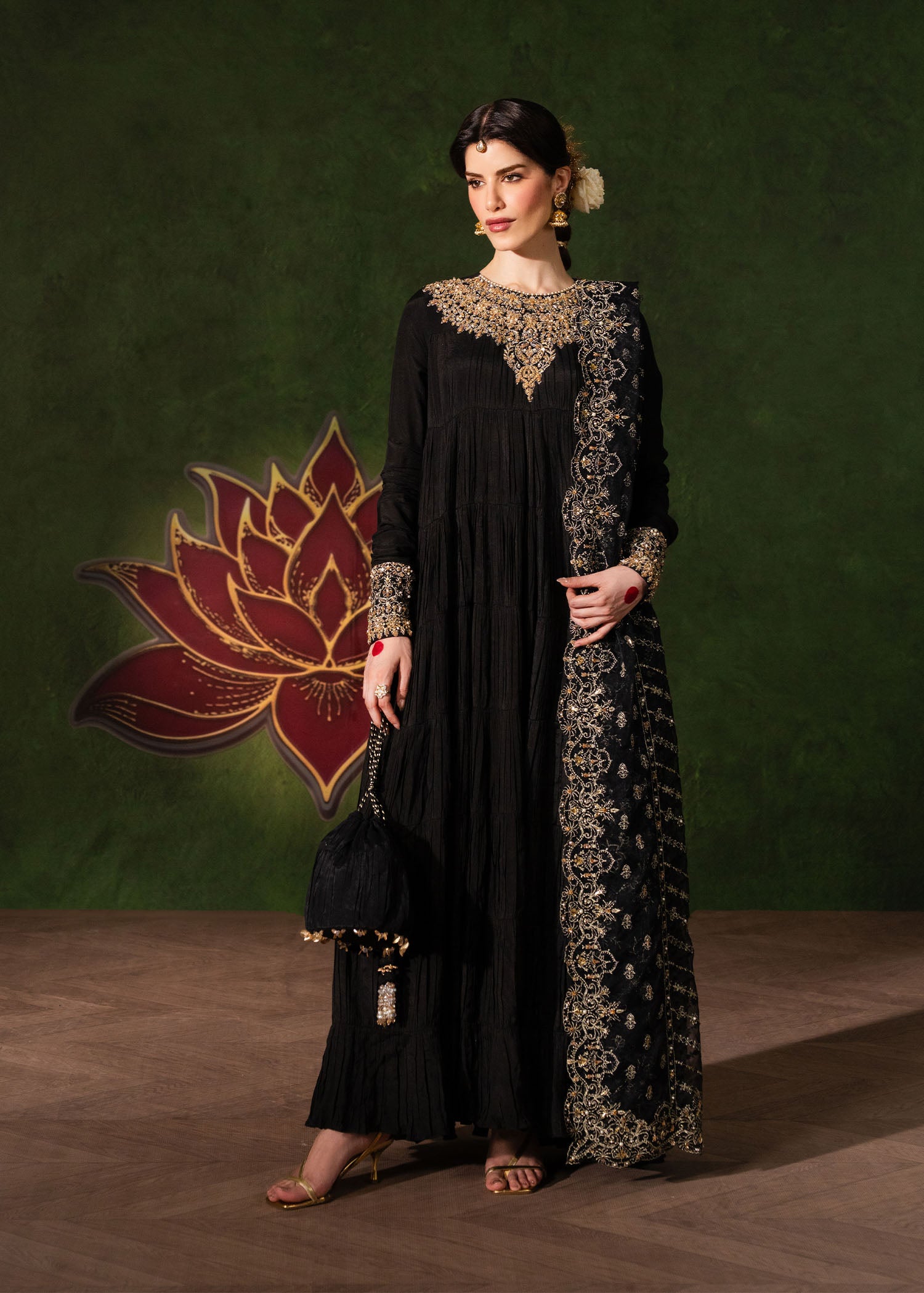 Layla black pleated peshwas front view - Kanwal Malik Shehnai Luxury Pret'26