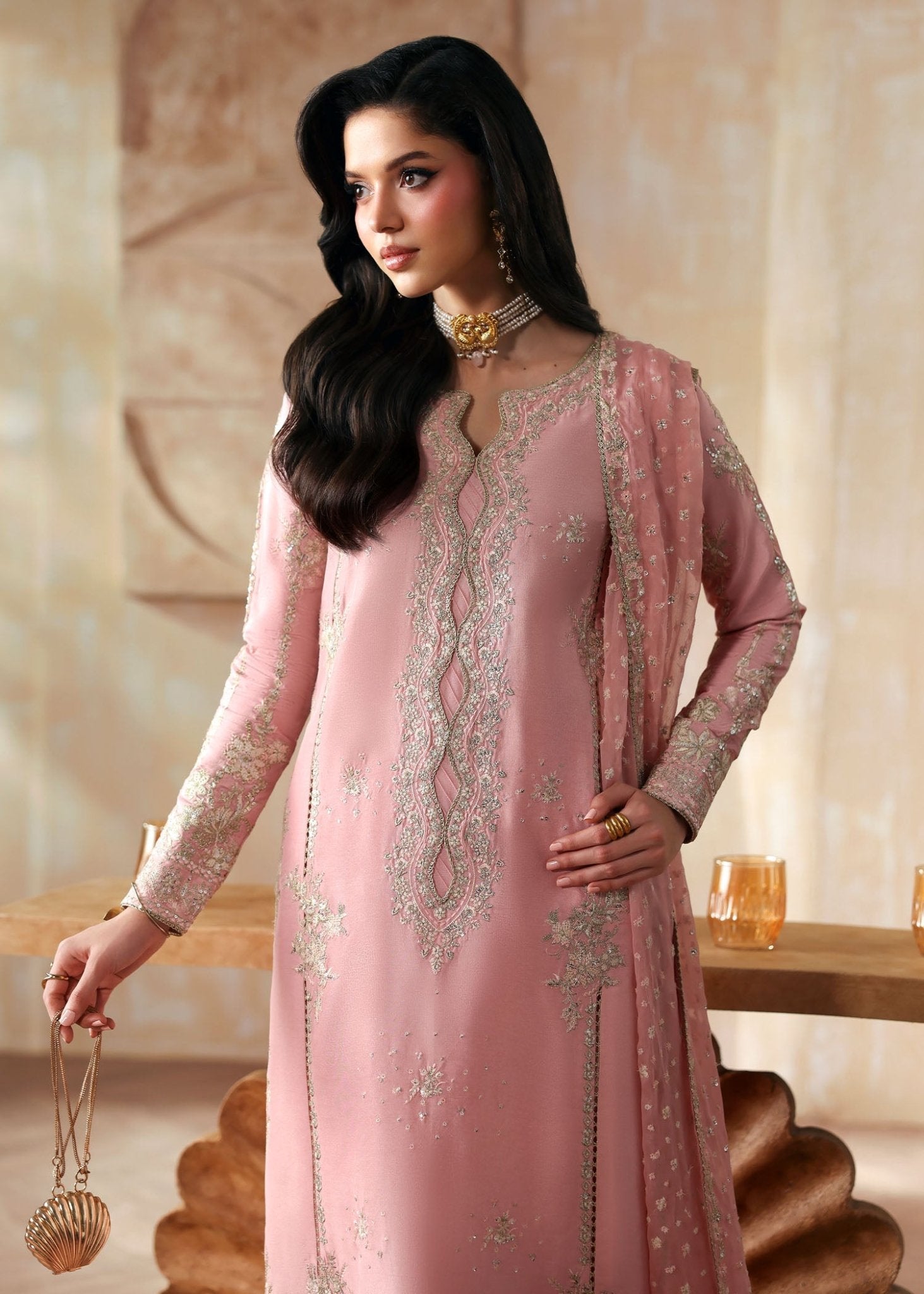 Leia powder pink gota work embellishment detail - Kanwal Malik luxury pret