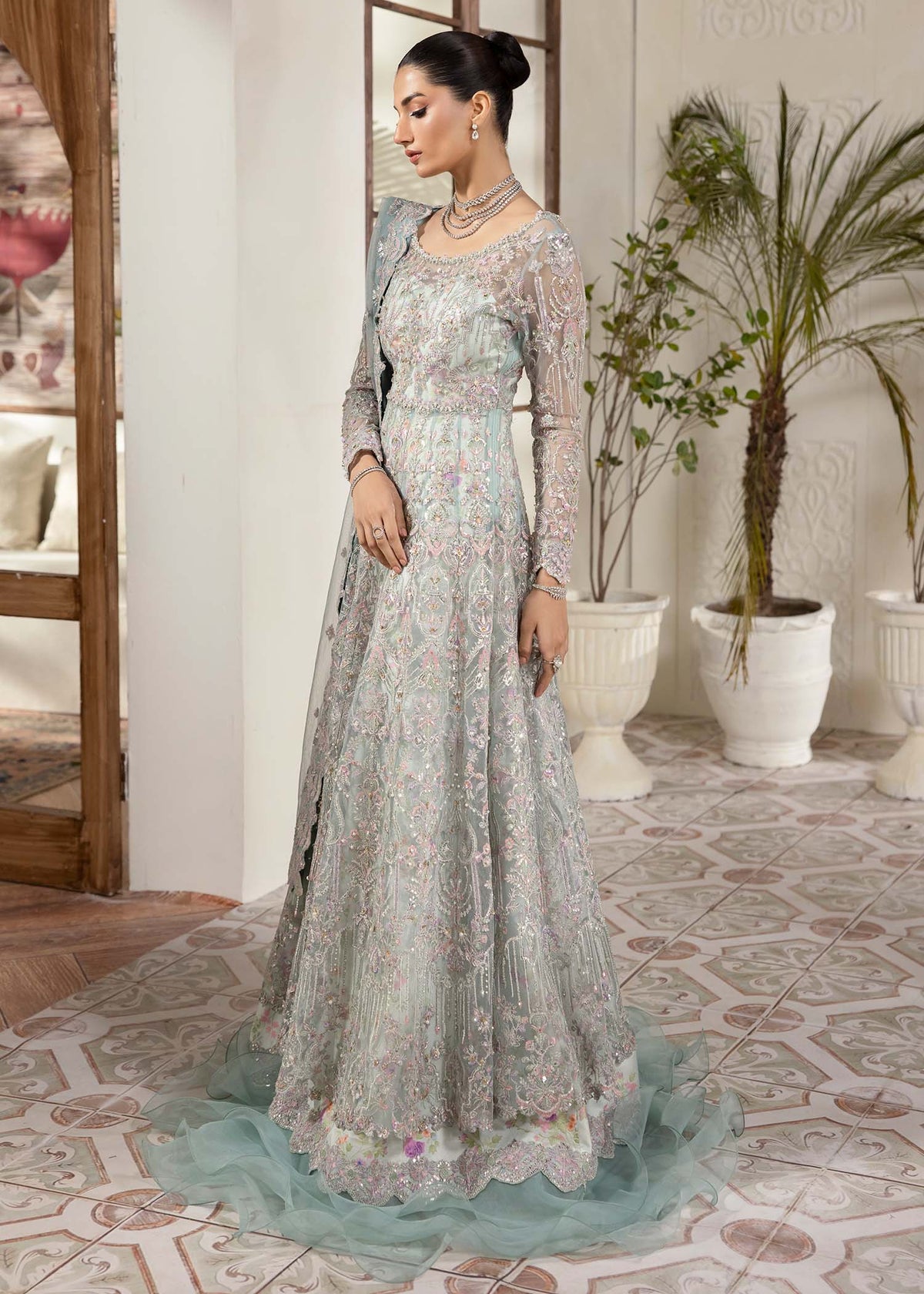 Lily ice blue embroidered dupatta detail - Kanwal Malik