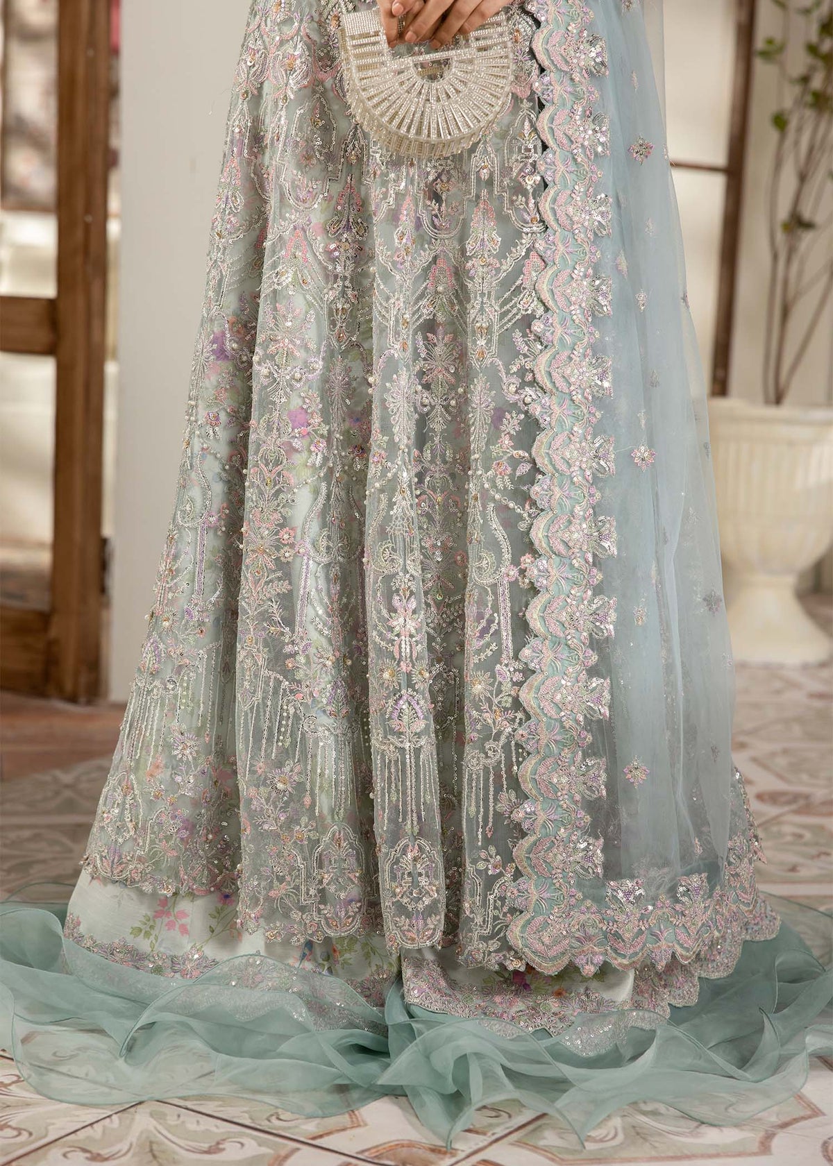 Lily ice blue printed ruffle pants detail - Kanwal Malik