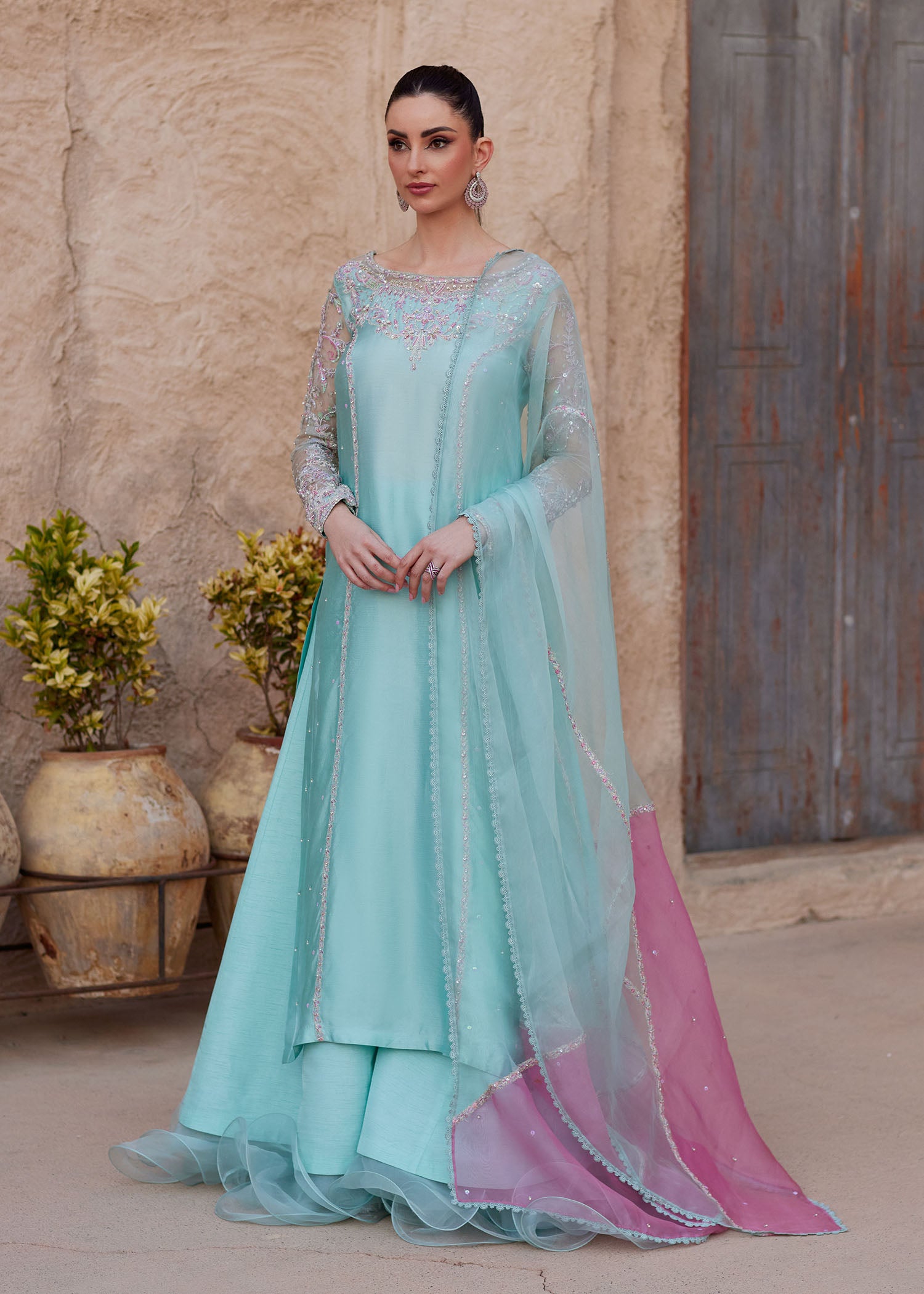Lina powder blue tissue silk shirt front view - Kanwal Malik