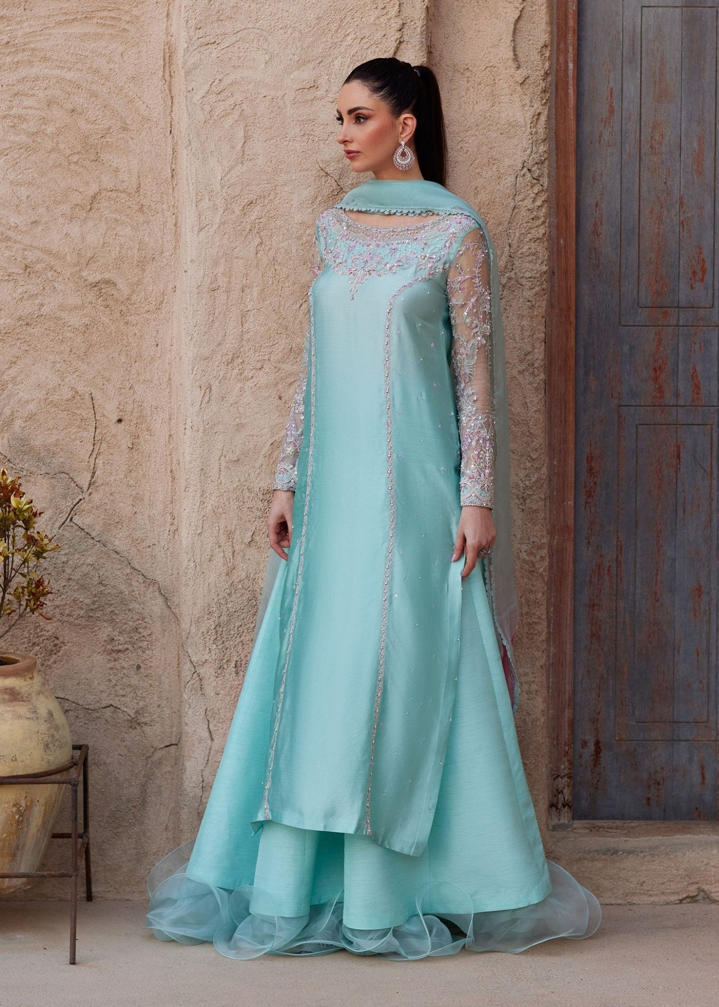 Lina powder blue Ada embroidery neckline detail - Kanwal Malik