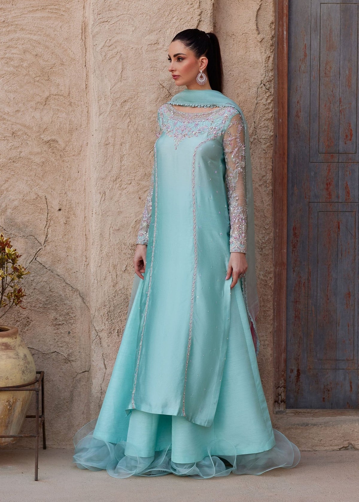 Lina powder blue Ada embroidery neckline detail - Kanwal Malik