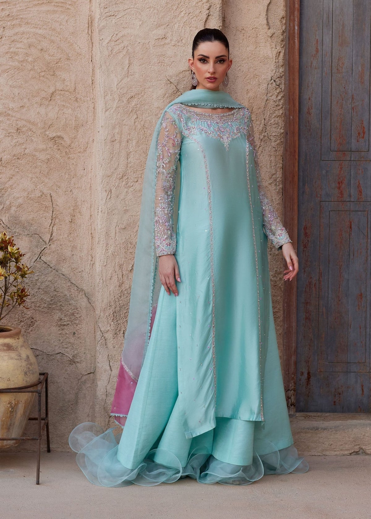 Lina powder blue organza sleeve detail - Kanwal Malik