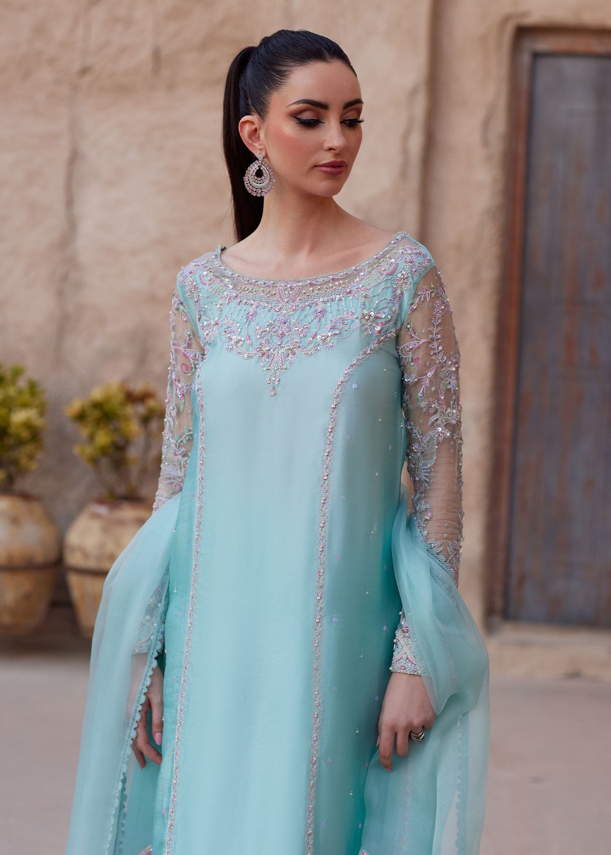 Lina powder blue flared trouser detail - Kanwal Malik
