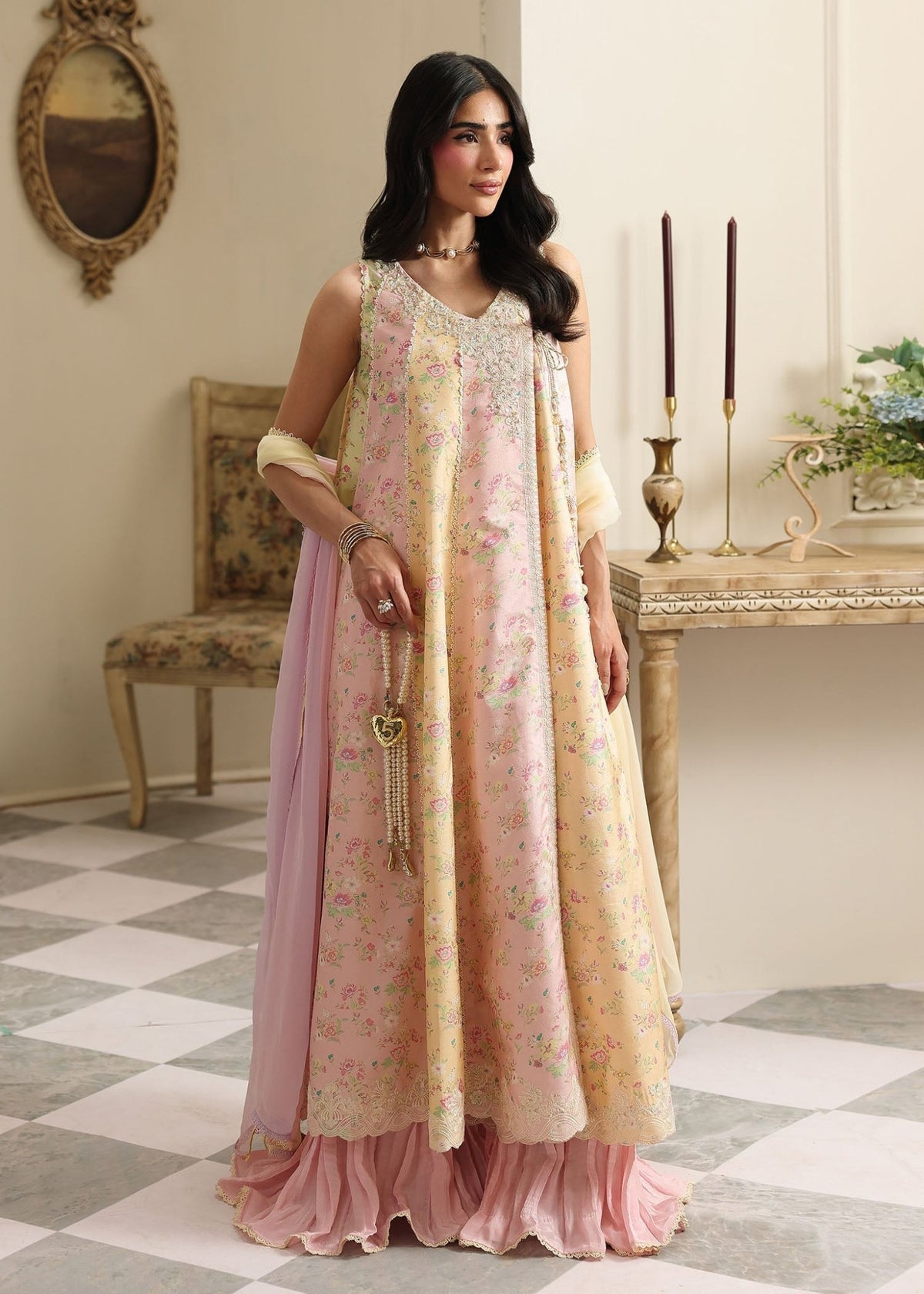 Liora pastel printed angrakha front view - Kanwal Malik