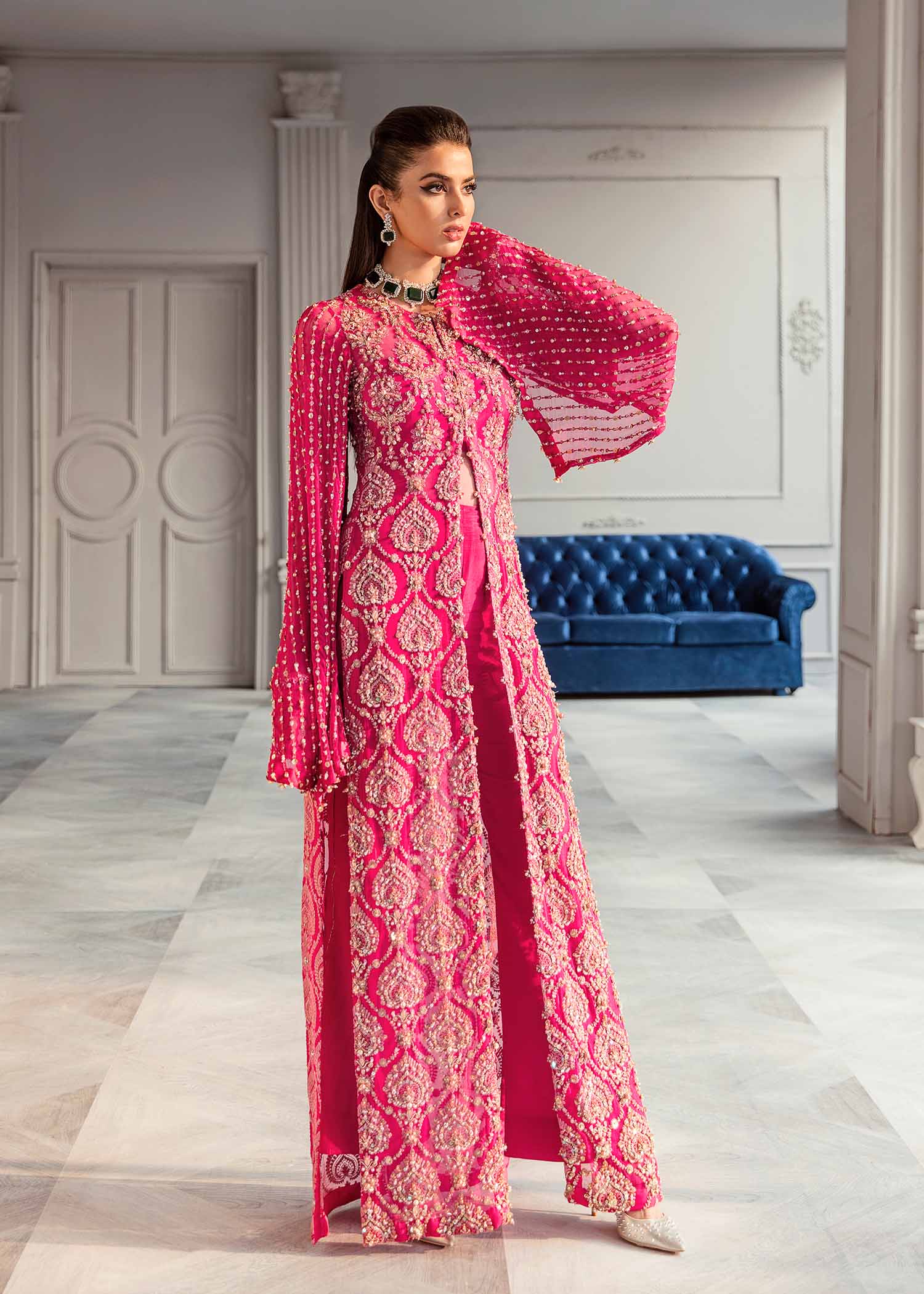 Lolita shocking pink chiffon shirt front view - Kanwal Malik luxury pret