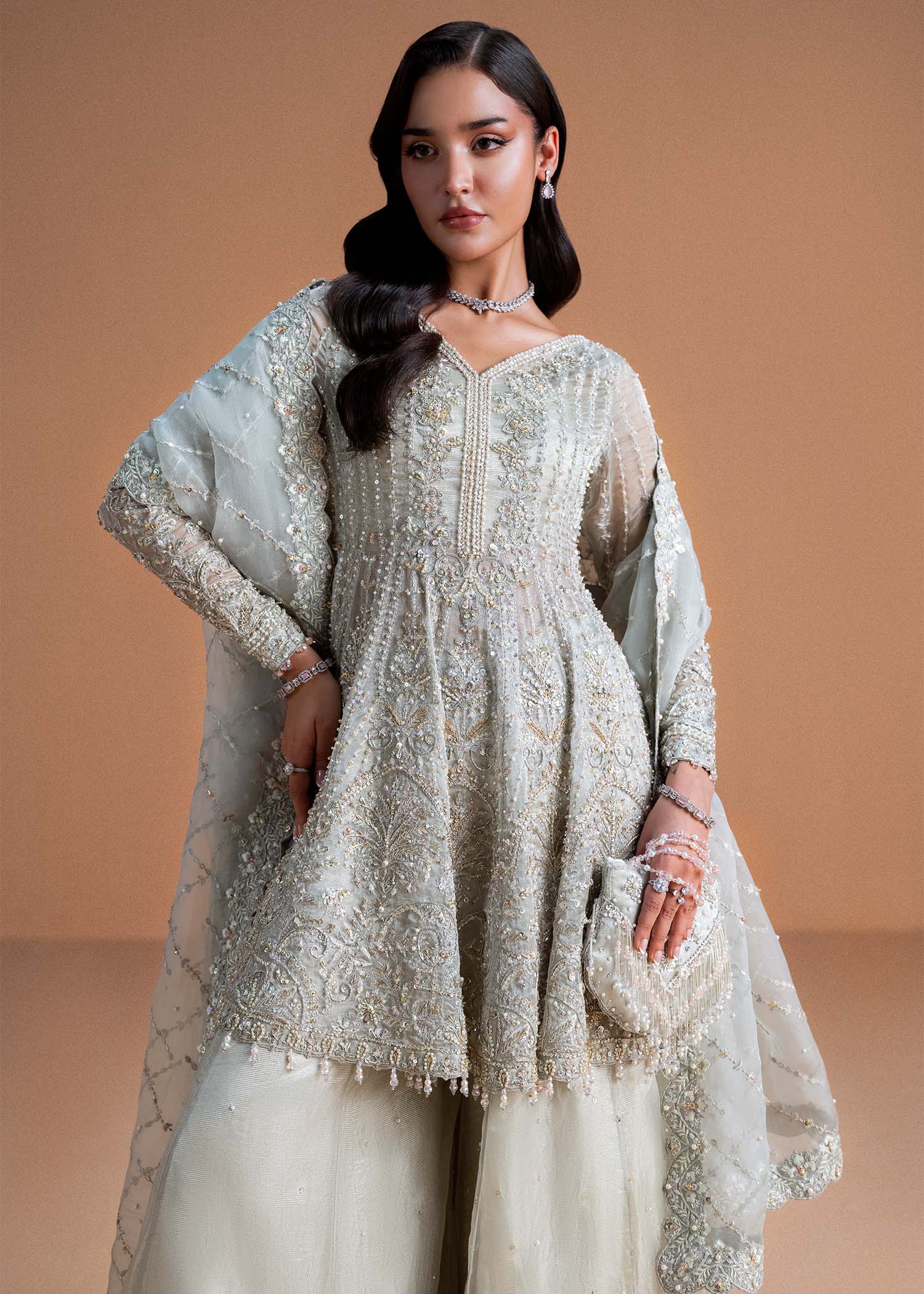 Mahira moonlit silver ada work embroidery detail - Kanwal Malik luxury pret
