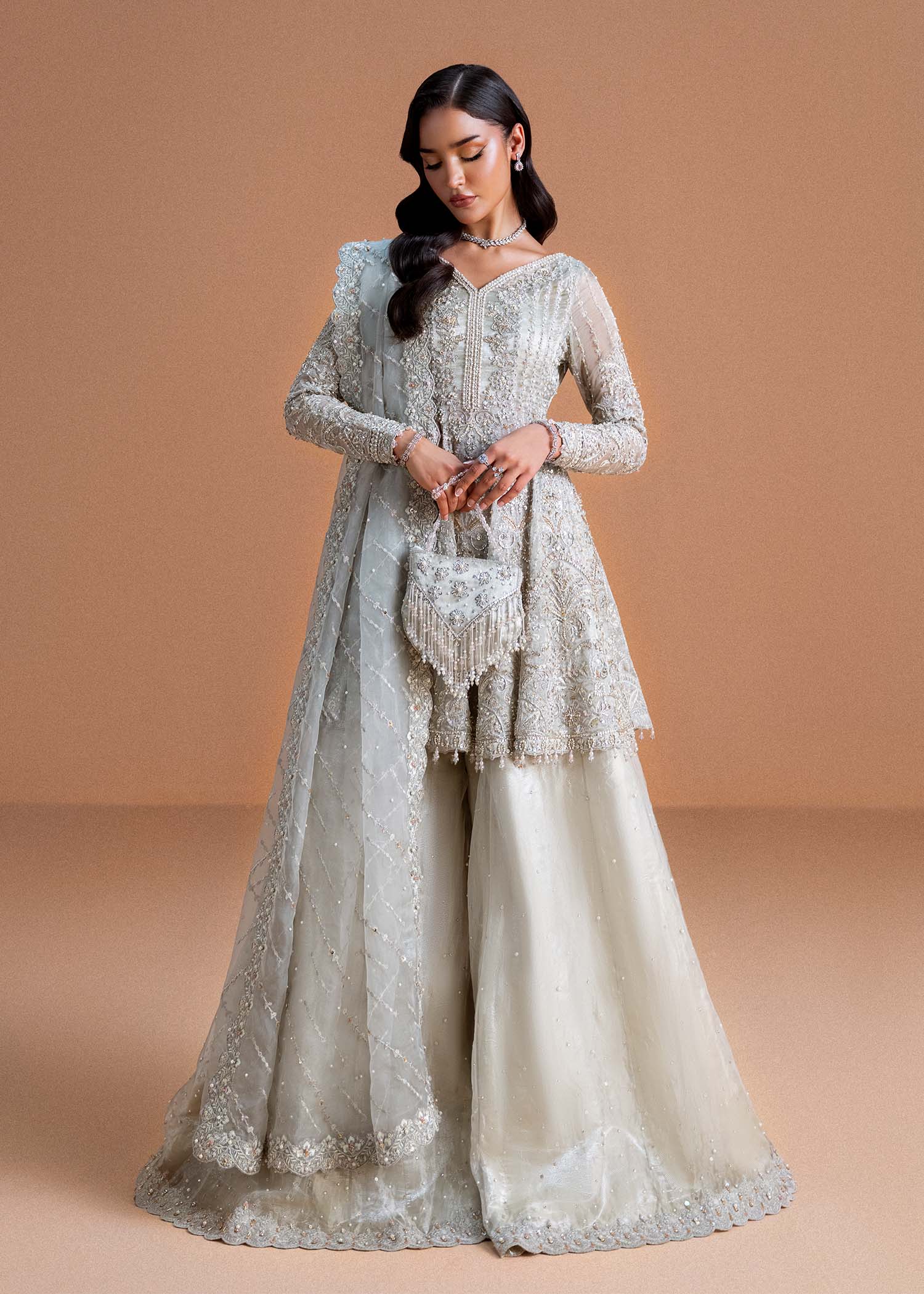 Mahira moonlit silver peplum shirt front view - Kanwal Malik luxury pret