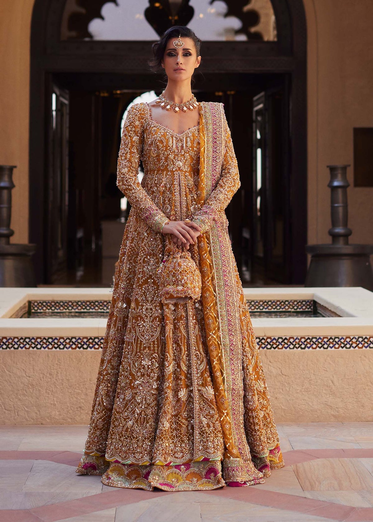 Mahra pure gold bridal gown front view - Kanwal Malik bridal couture