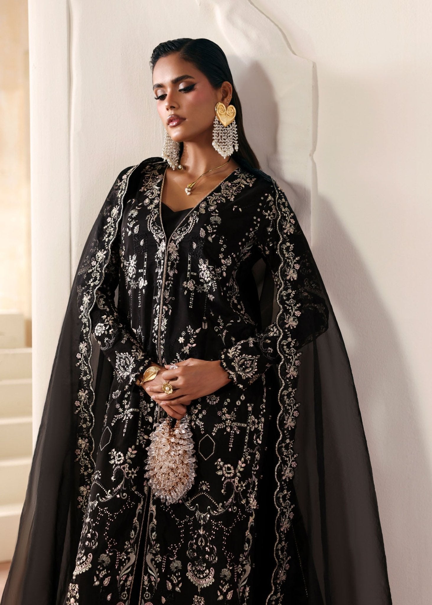 Mahsa black multi-color embroidery detail - Kanwal Malik