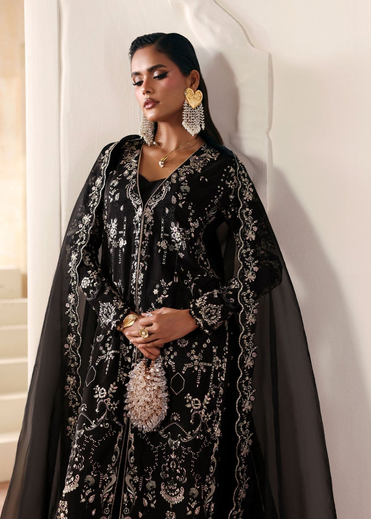 Mahsa black multi-color embroidery detail - Kanwal Malik