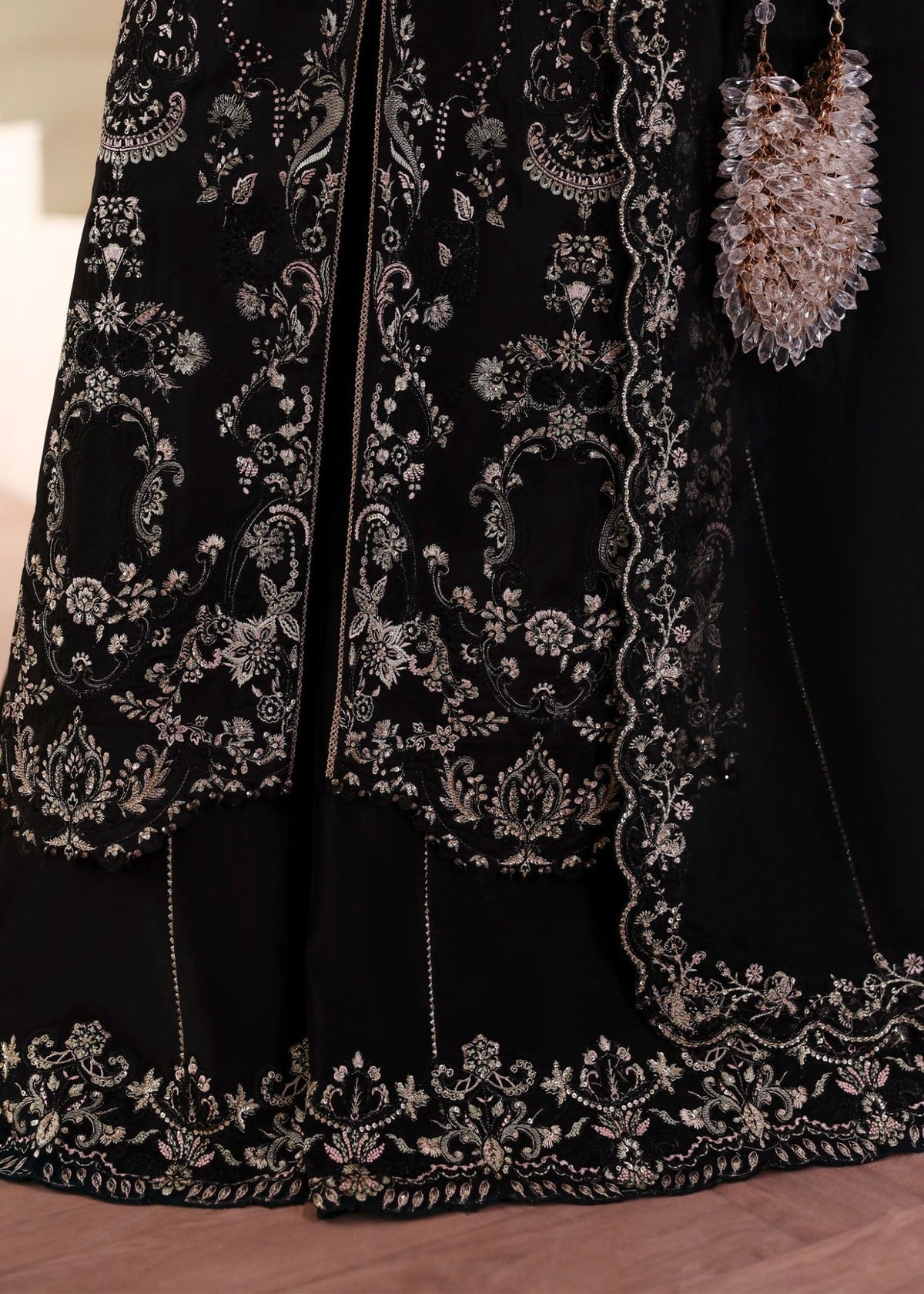 Mahsa black flared pants embroidered border detail - Kanwal Malik