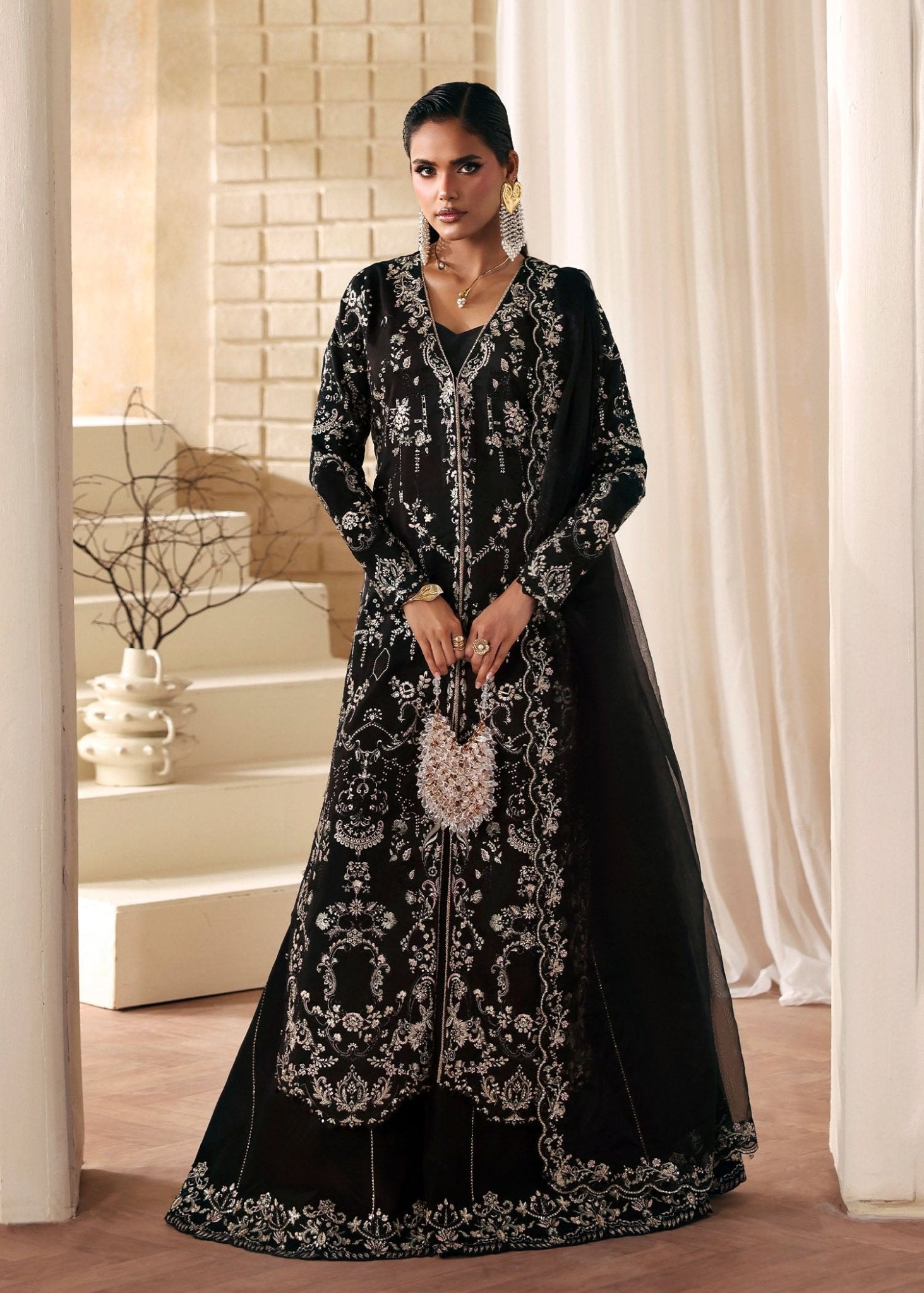 Mahsa black tassel silk jacket front view - Kanwal Malik