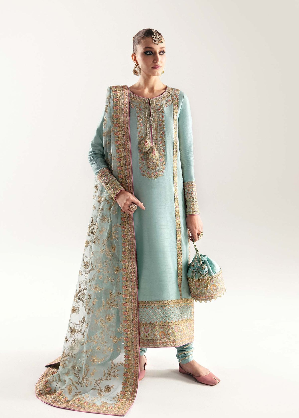 Manjeh ferozi Korean rawsilk ensemble front view - Kanwal Malik