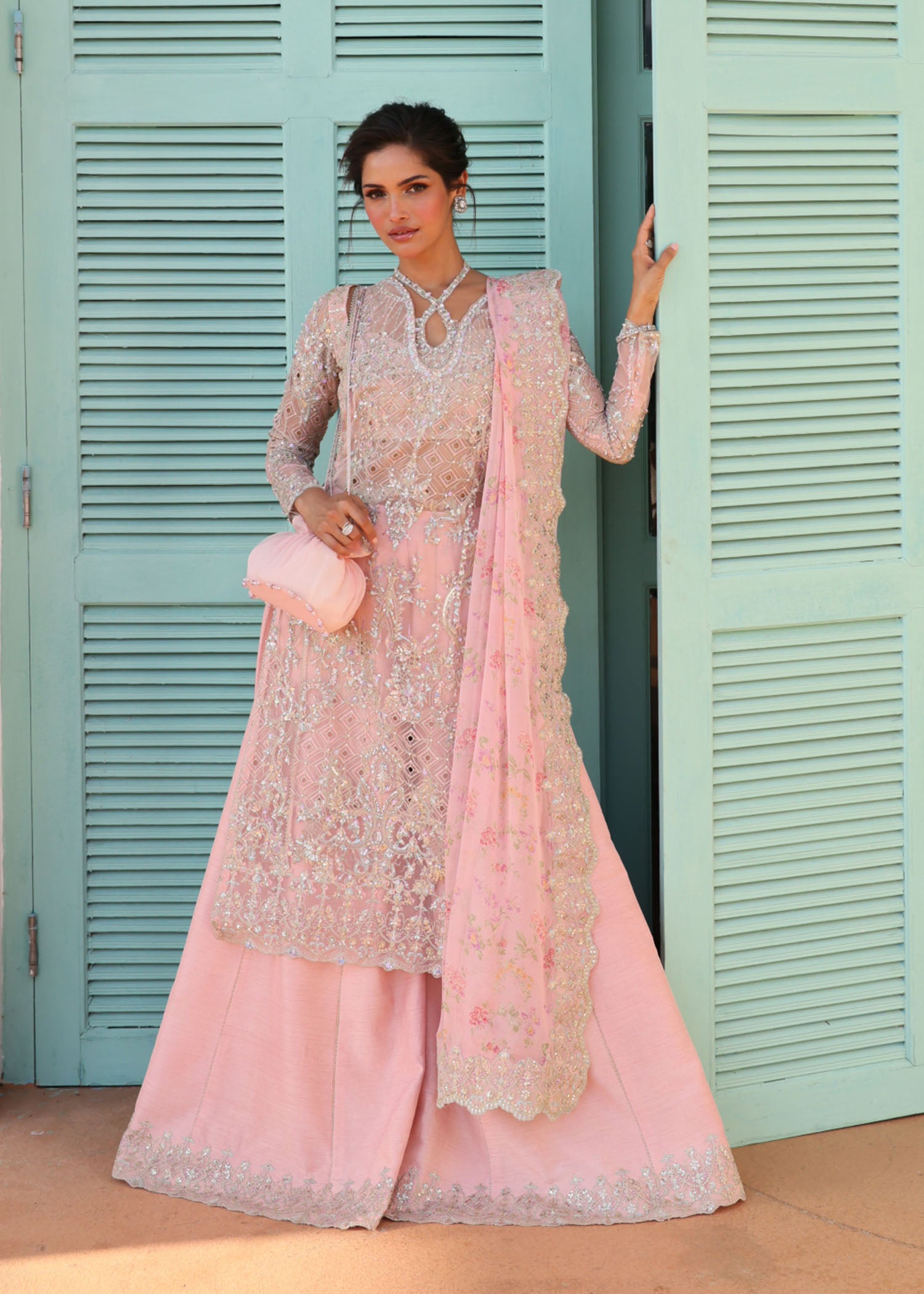 Marissa light pink embellished jacket front view - Kanwal Malik