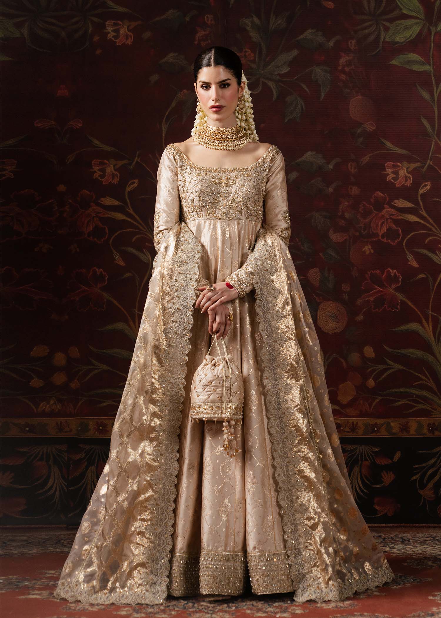 Marjan nude tissue silk badla pishwas front view - Kanwal Malik Shehnai Luxury Pret'26