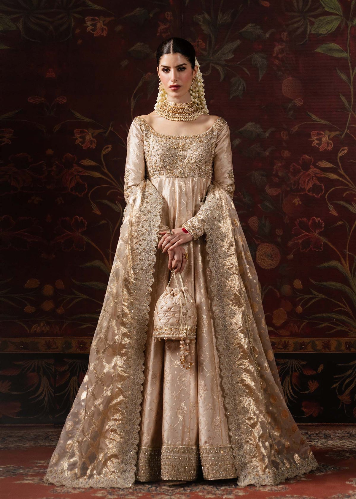 Marjan nude tissue silk badla pishwas front view - Kanwal Malik Shehnai Luxury Pret'26