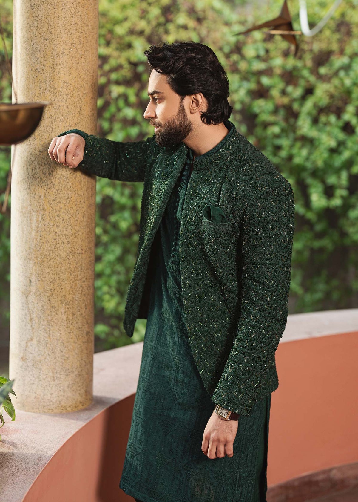 Meer bottle green back view - Kanwal Malik menswear