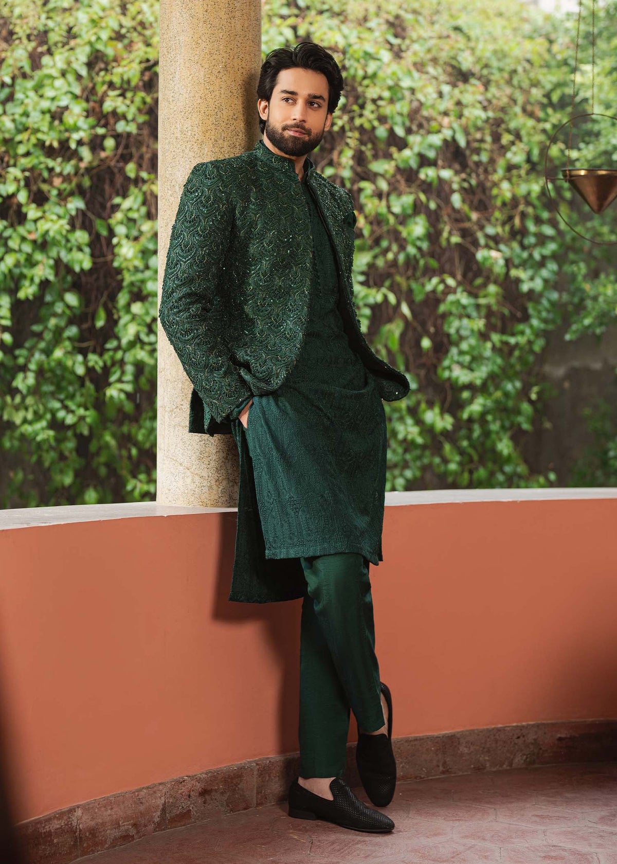 Meer bottle green complete look - Kanwal Malik menswear