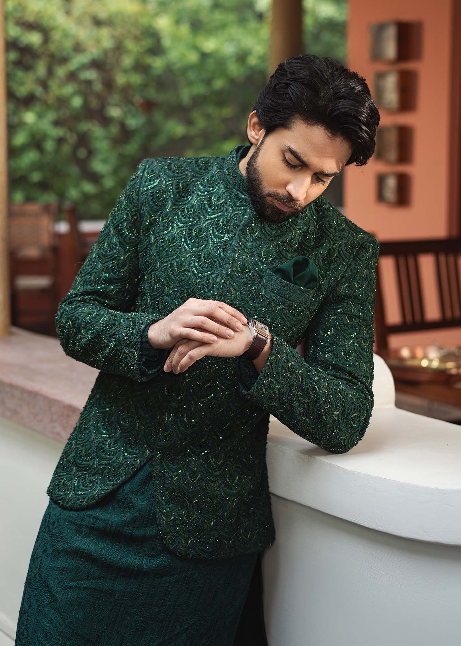 Meer bottle green embroidery detail - Kanwal Malik menswear