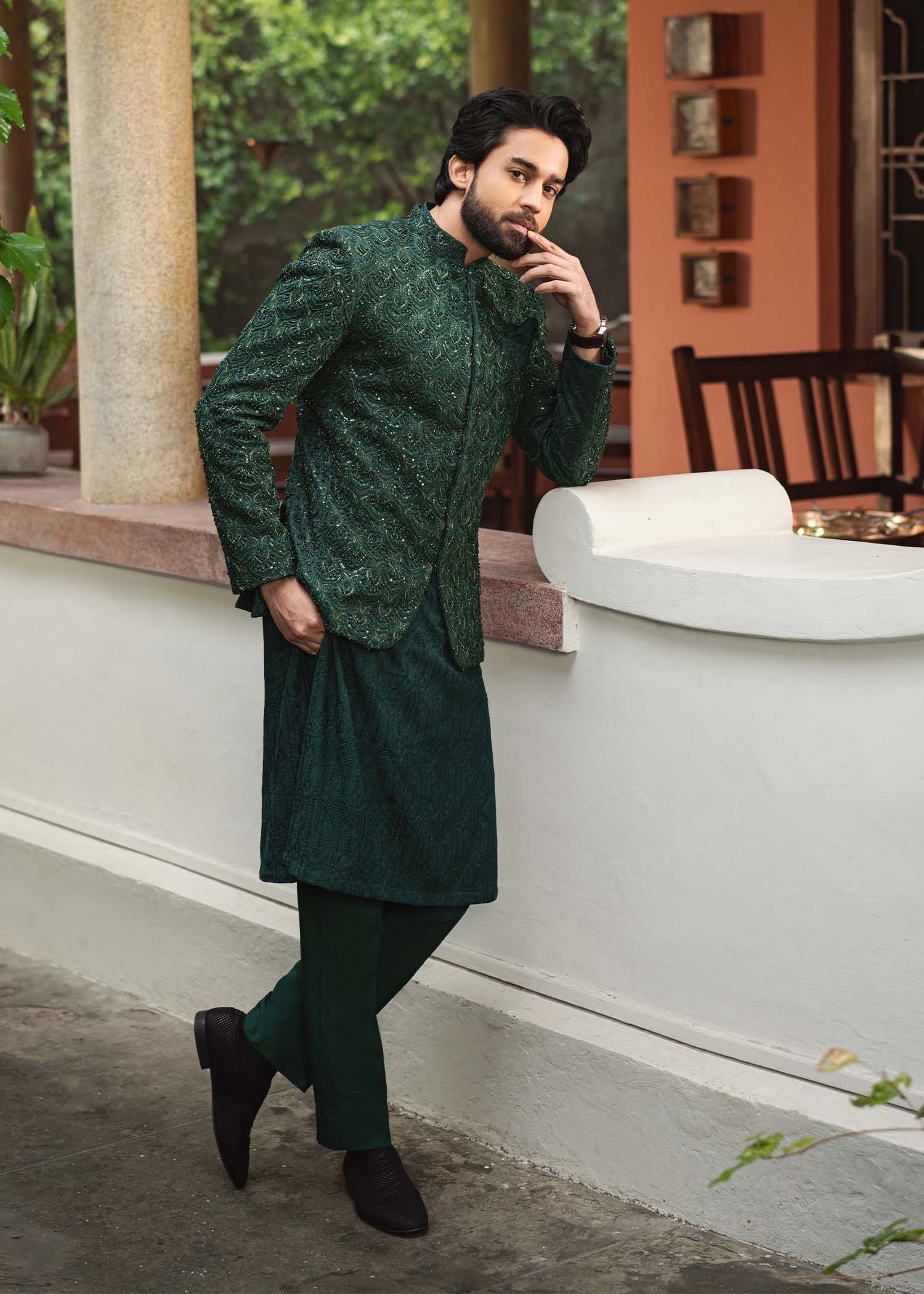 Meer bottle green prince coat front view - Kanwal Malik menswear
