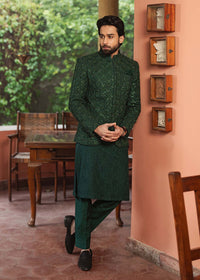 Meer bottle green full ensemble view - Kanwal Malik menswear