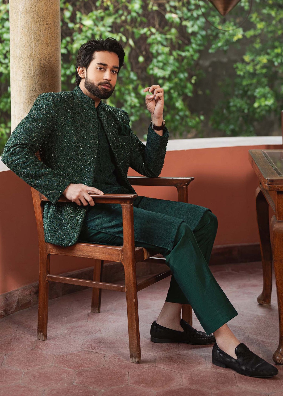 Meer bottle green styled look - Kanwal Malik menswear