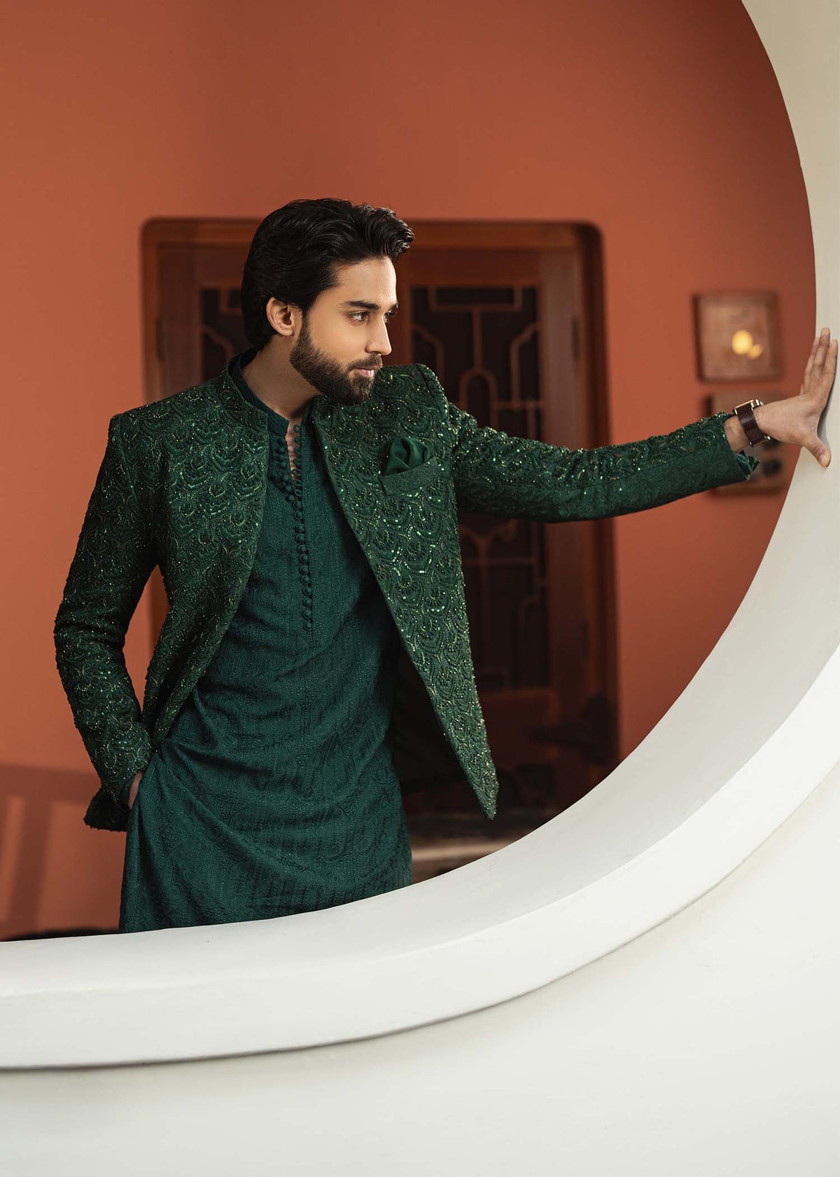Meer bottle green kurta detail - Kanwal Malik menswear