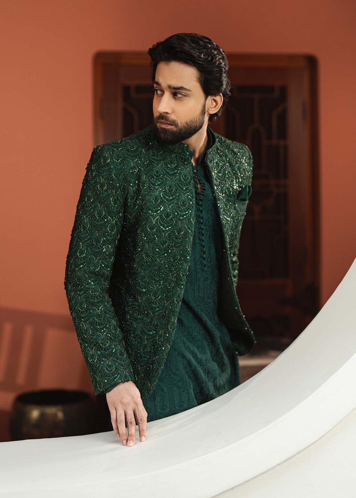 Meer bottle green trouser detail - Kanwal Malik menswear