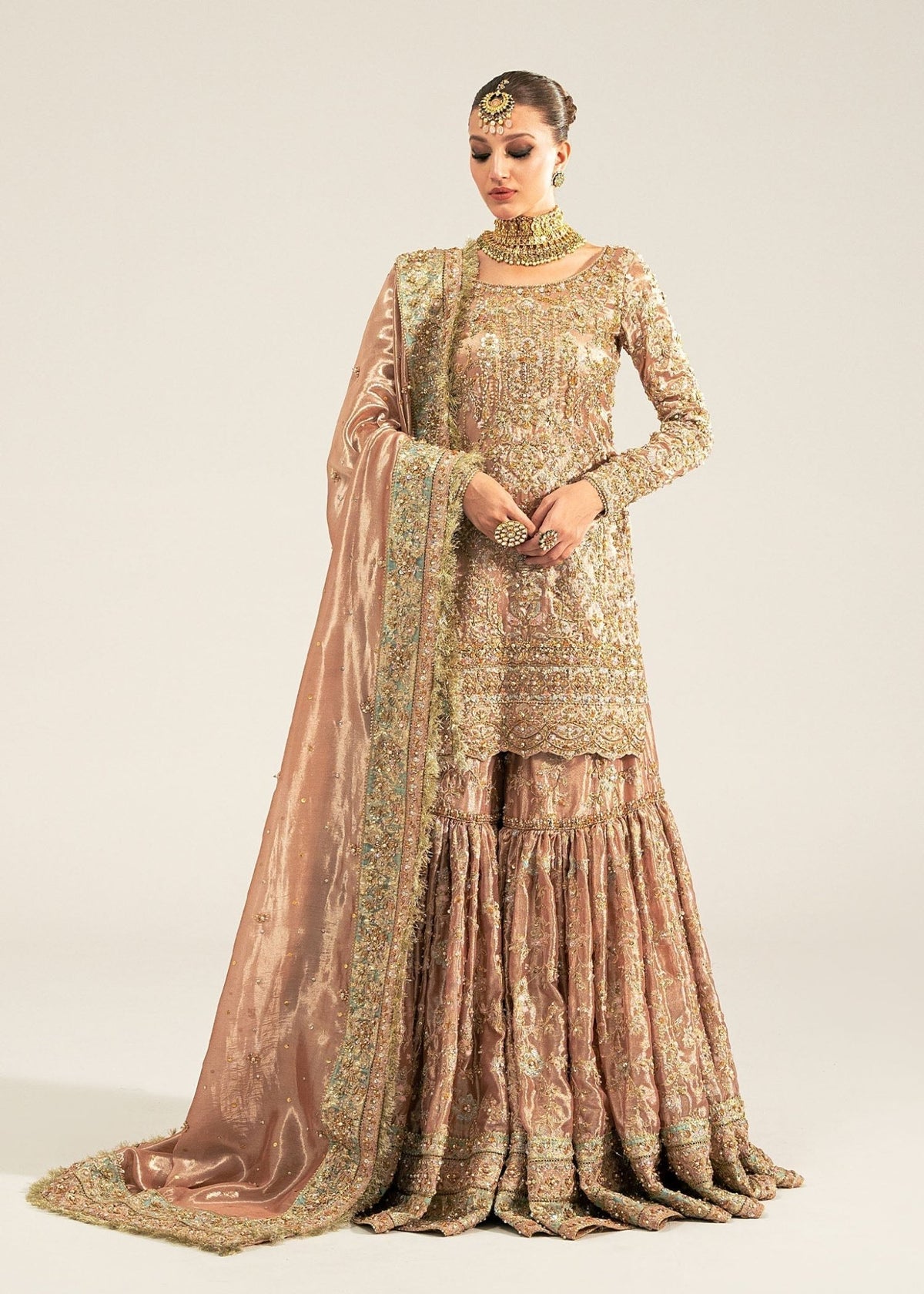 Meeram pink tissue gharara front view - Kanwal Malik