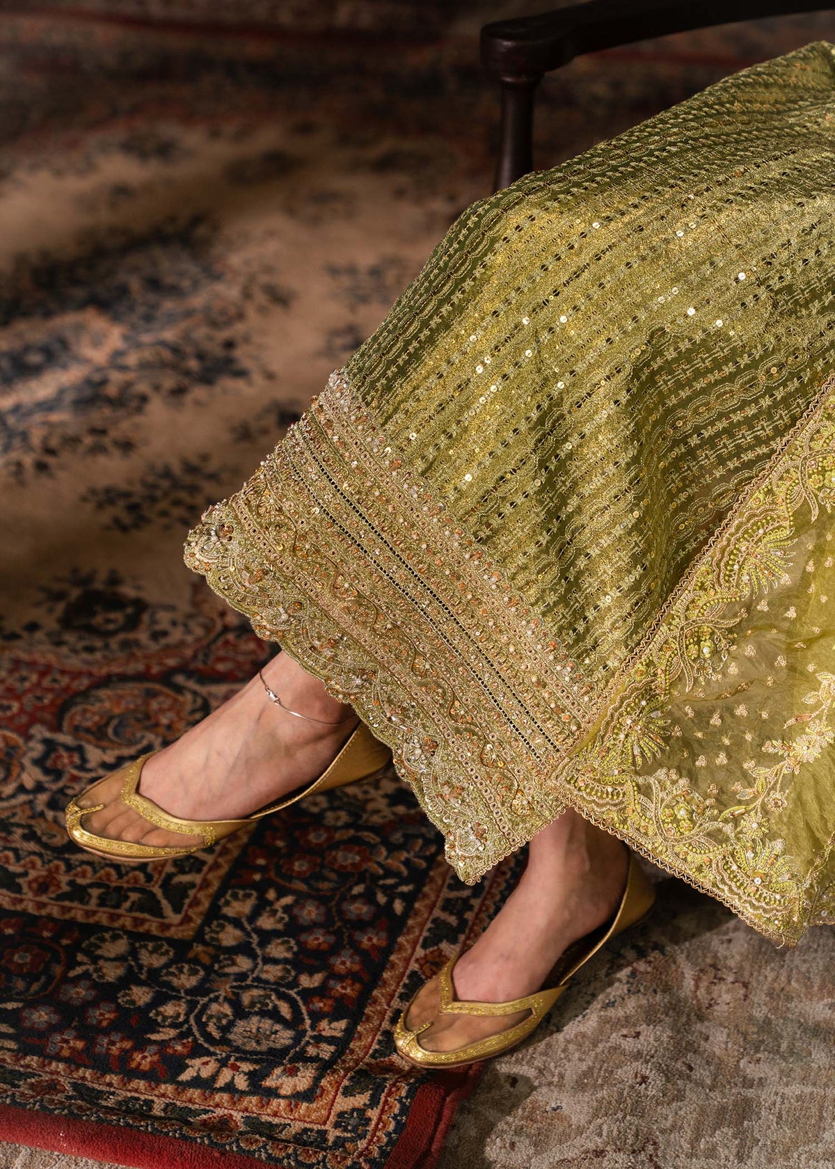 Meherbano olive green culotte pants detail - Kanwal Malik luxury pret