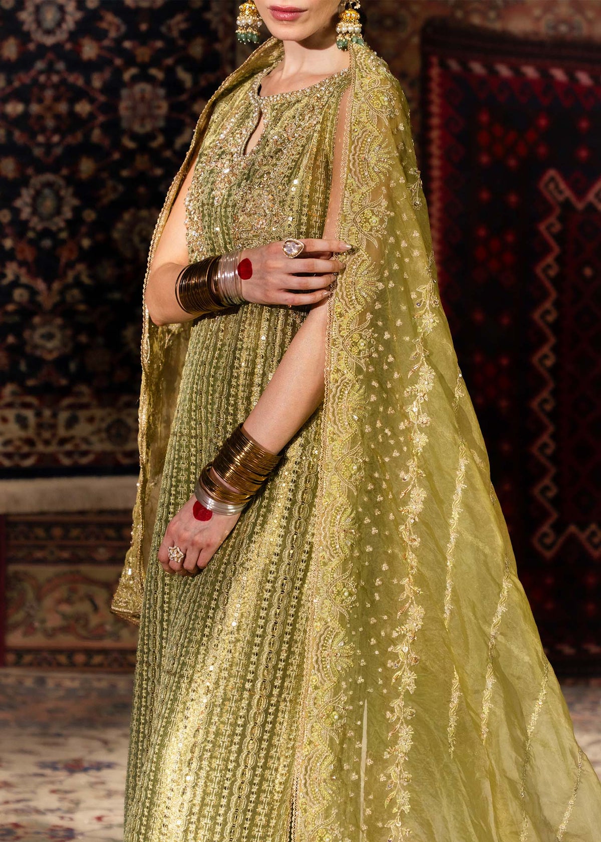 Meherbano olive green dupatta border embroidery - Kanwal Malik luxury pret