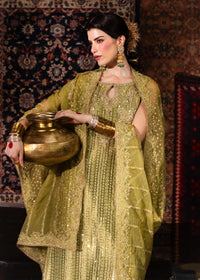 Meherbano olive green embroidered neckline detail - Kanwal Malik Shehnai Luxury Pret'26