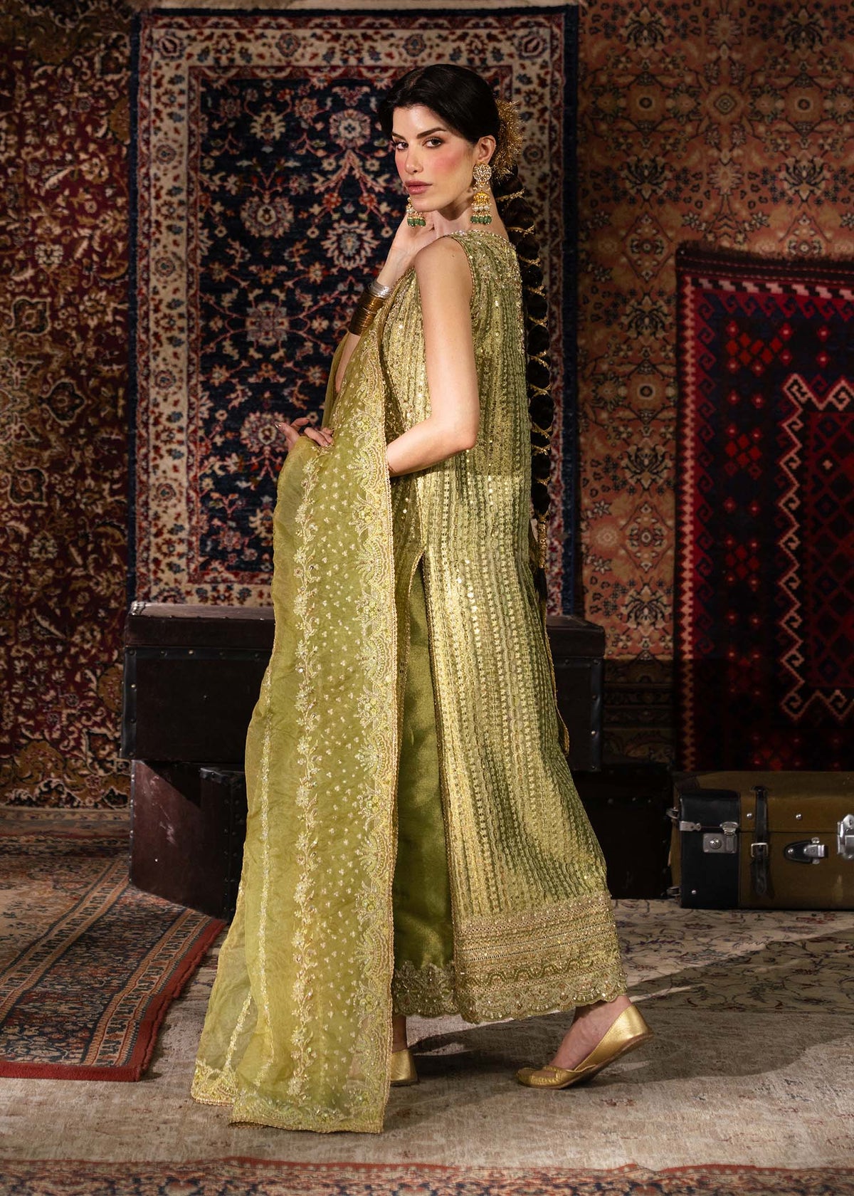 Meherbano olive green ensemble back view - Kanwal Malik luxury pret Pakistan