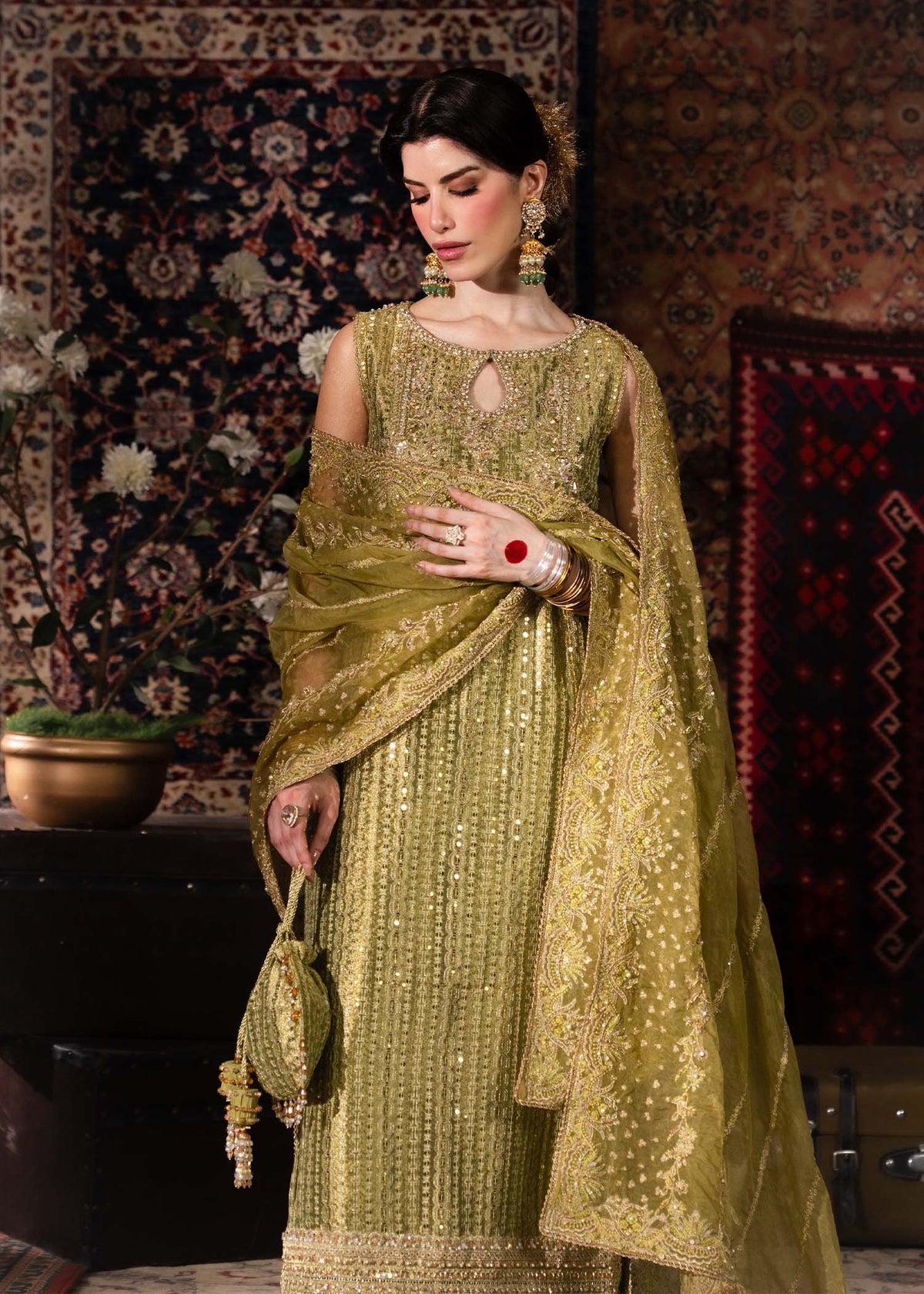 Meherbano olive green ensemble full view - Kanwal Malik luxury pret